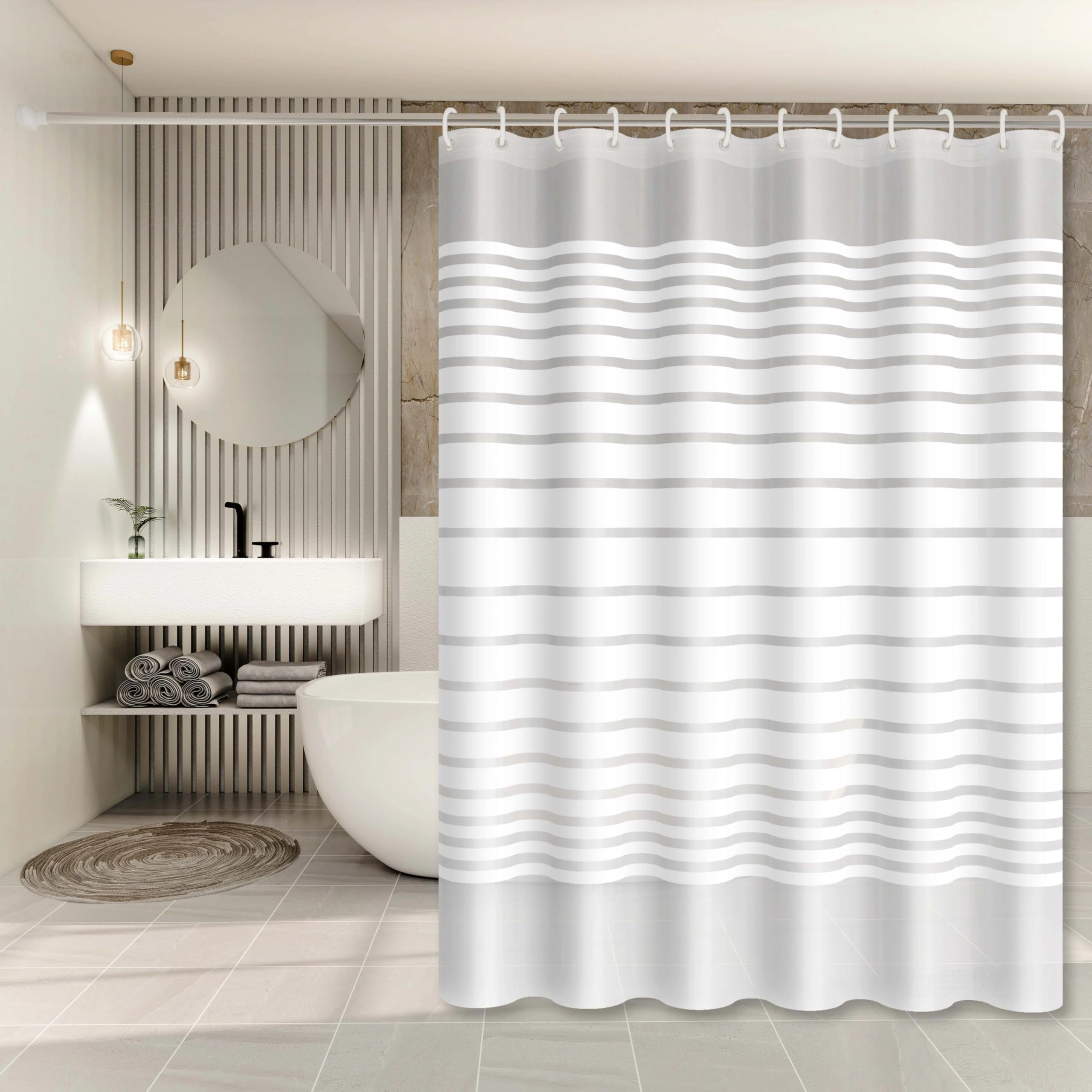 Rideau de douche à rayures blanches facile à nettoyer et résistant pour douche haute