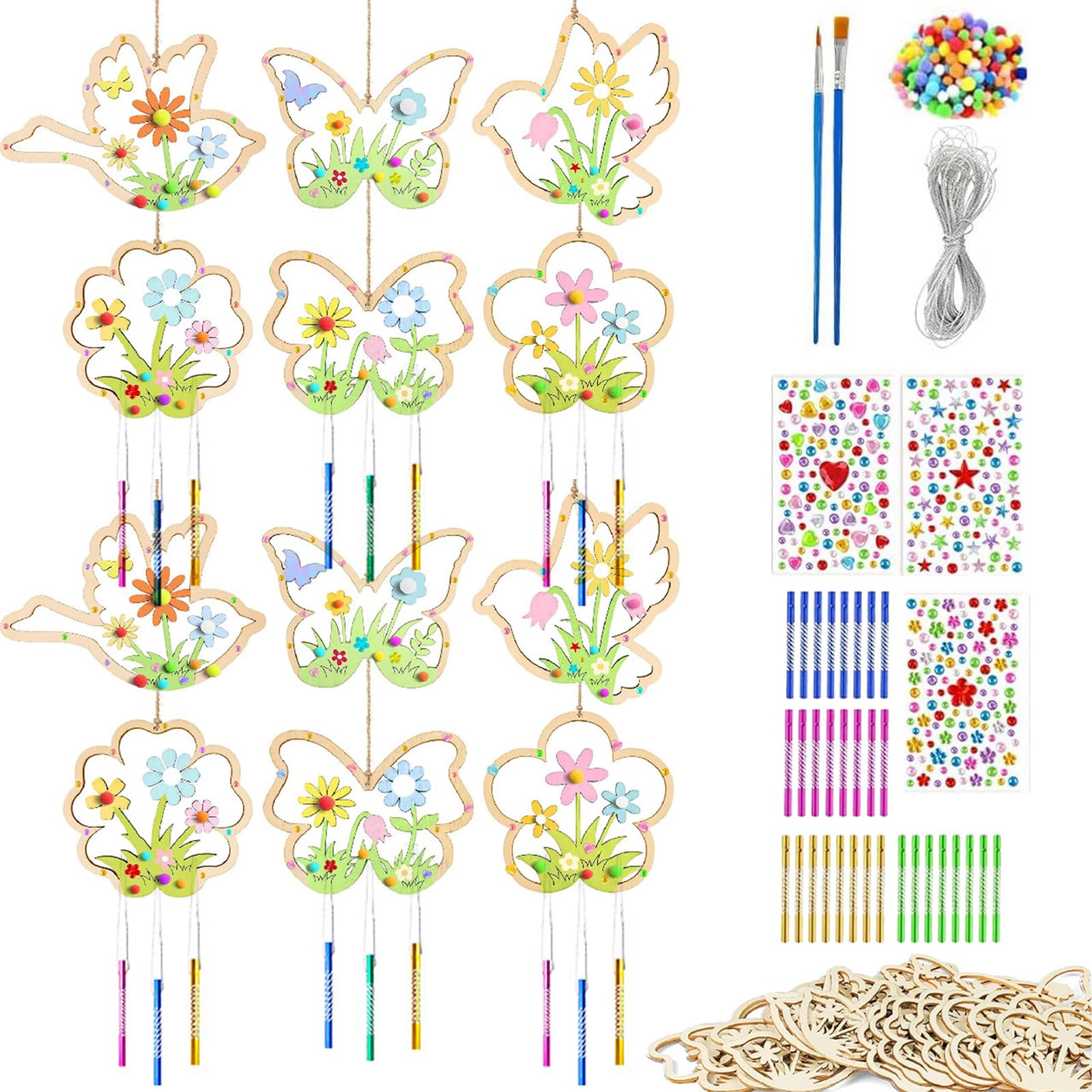 DAVBNM 12 Pack Wind Chime DIY Craft Kit for Kids, Wooden Painting Arts and Crafts Sets, Windchimes Crafts Kit for Children, Wind Chimes Painting Kit for Toddlers Gifts Crafting Party Activities