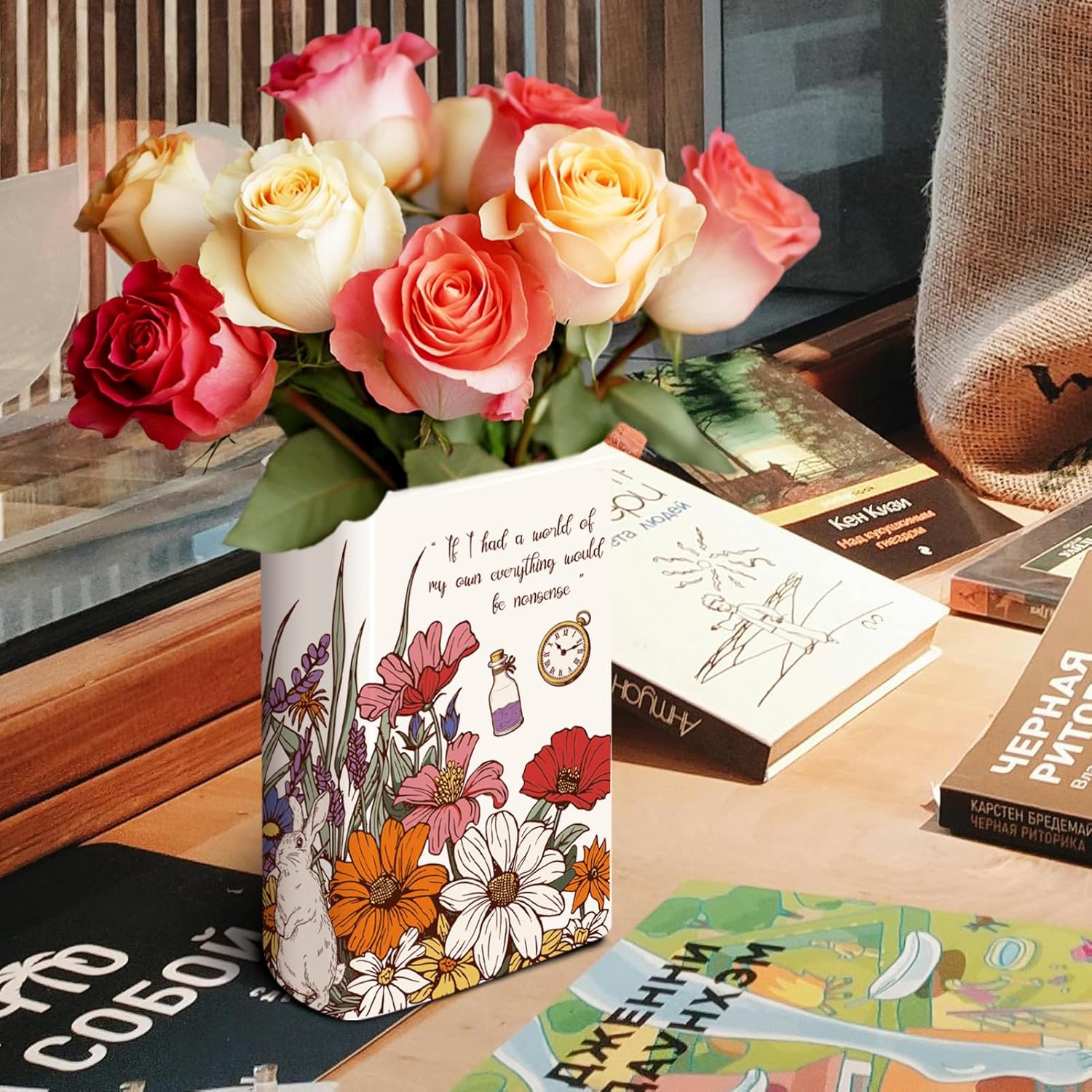 Large Ceramic Book Vase for Flowers Book-Shaped Decorative Vase Bookshelf Decor Unique Vases for Home Bedroom Office Decor Alice's Adventures in Wonderland - Floral Nonsense