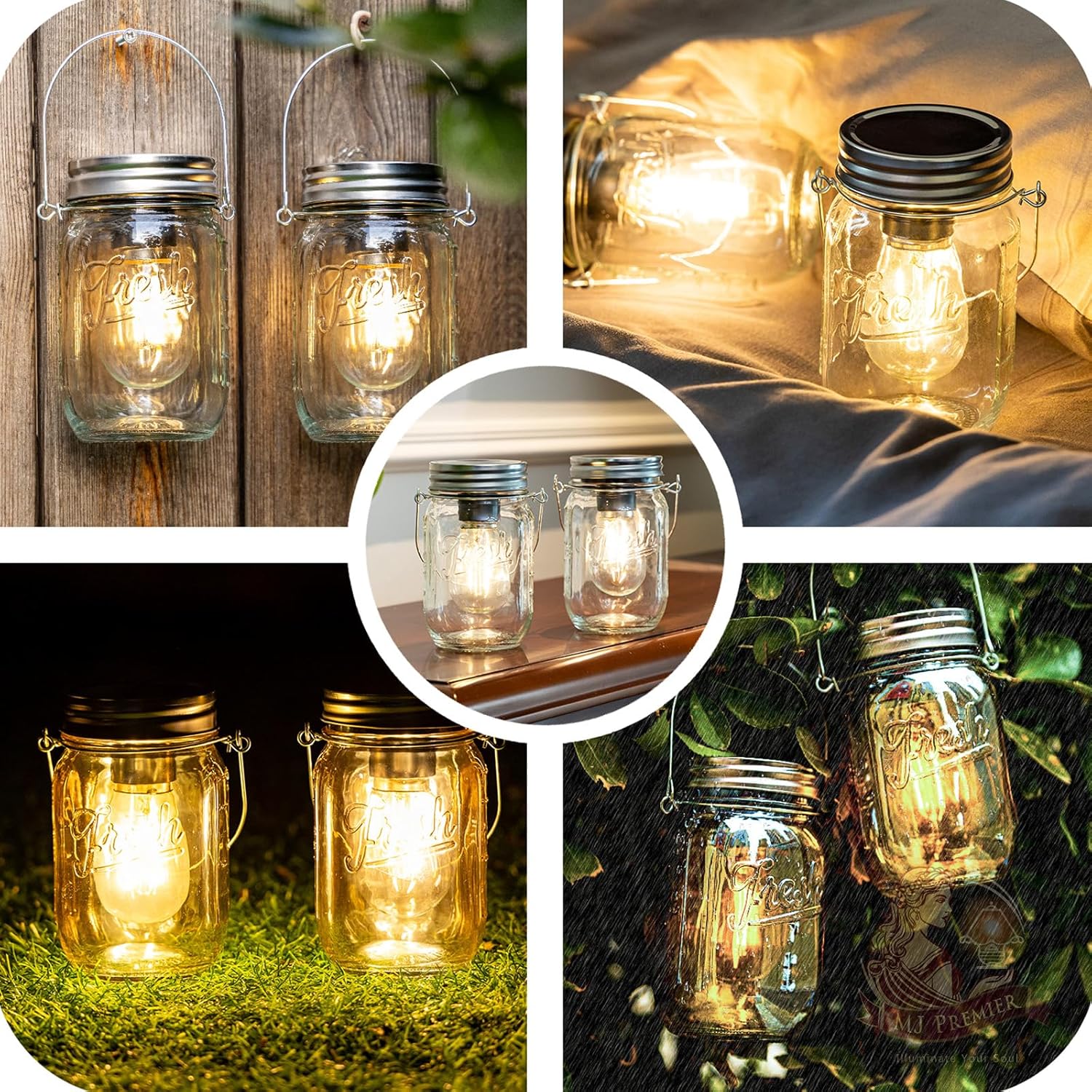 MJ Outdoor Mason Jar Lights Hanging Battery Operated Lamp Timer Cordless Lamps 2-Pack LED Decorative Garden Lanterns Glass Light for Patio Camping Courtyard Backyard Tree Hallway Stairs( Transparent)