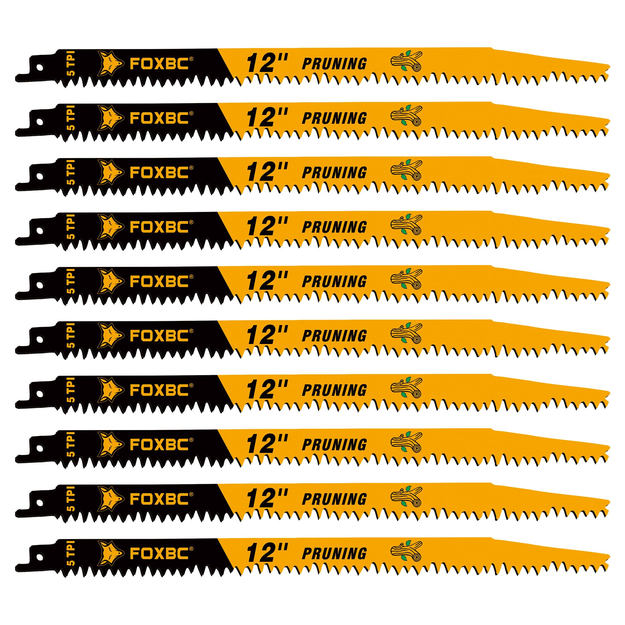 FOXBC Wood Pruning Reciprocating Saw Blades, 12 Inch Pruning Saw Blades 5TPI for Tree Trimming, Wood Wet Cutting, 10-Pack