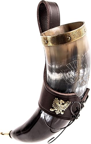 Miniatura 6 de Mythrojan The Bird of Prey - Cuerno vikingo con soporte de cuero marrón, auténtica taza de vino vikingohidromiel inspirada en la Edad Media, acabado