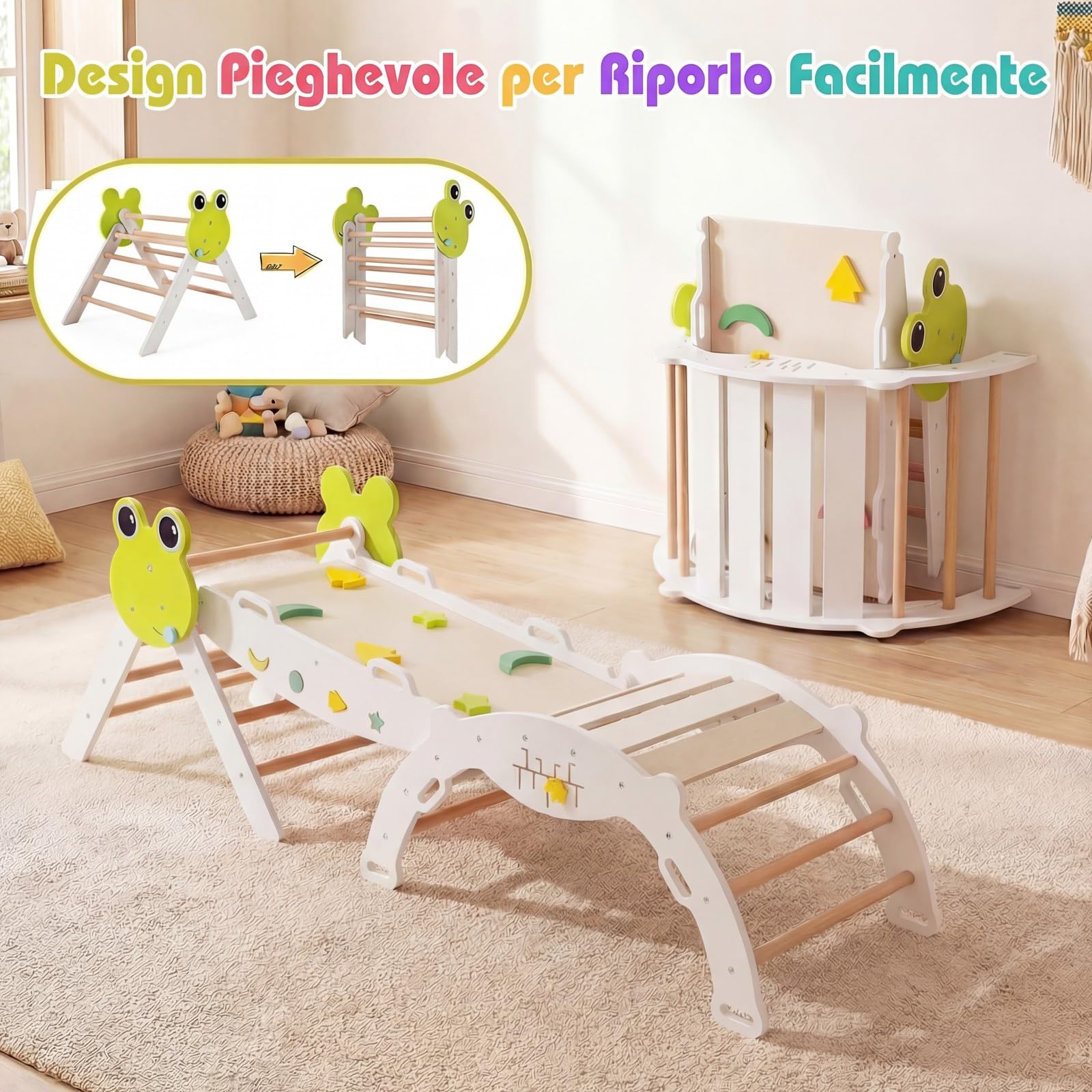 RELAX4LIFE Set da Arrampicata per Bambini, Triangolo di Arrampicata con Scivolo e Arco, Gioco di Incastri in Legno, Gioco Montessori per Bambini 1+ Anni (Rana-3 Pezzi | Bianco)