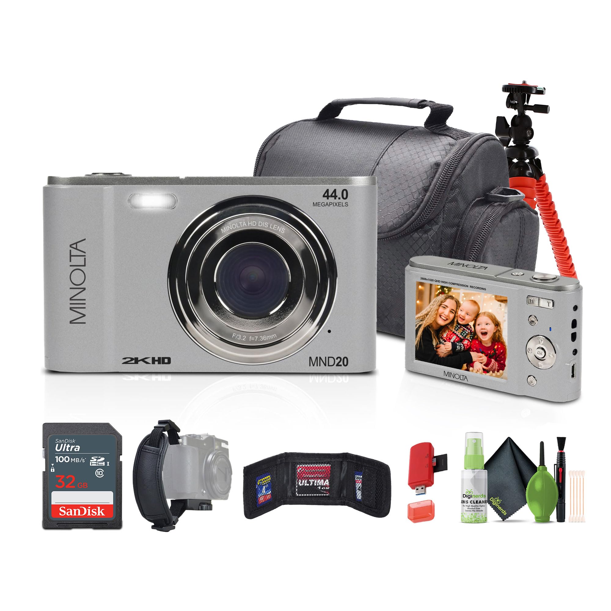 Minolta MND20 44 MP / 2.7K Quad HD Digital Camera (Silver) + 32GB Memory Card + 12 inch Flexible Tripod + Memory Card Wallet + USB Card Reader, SD/microSD + More