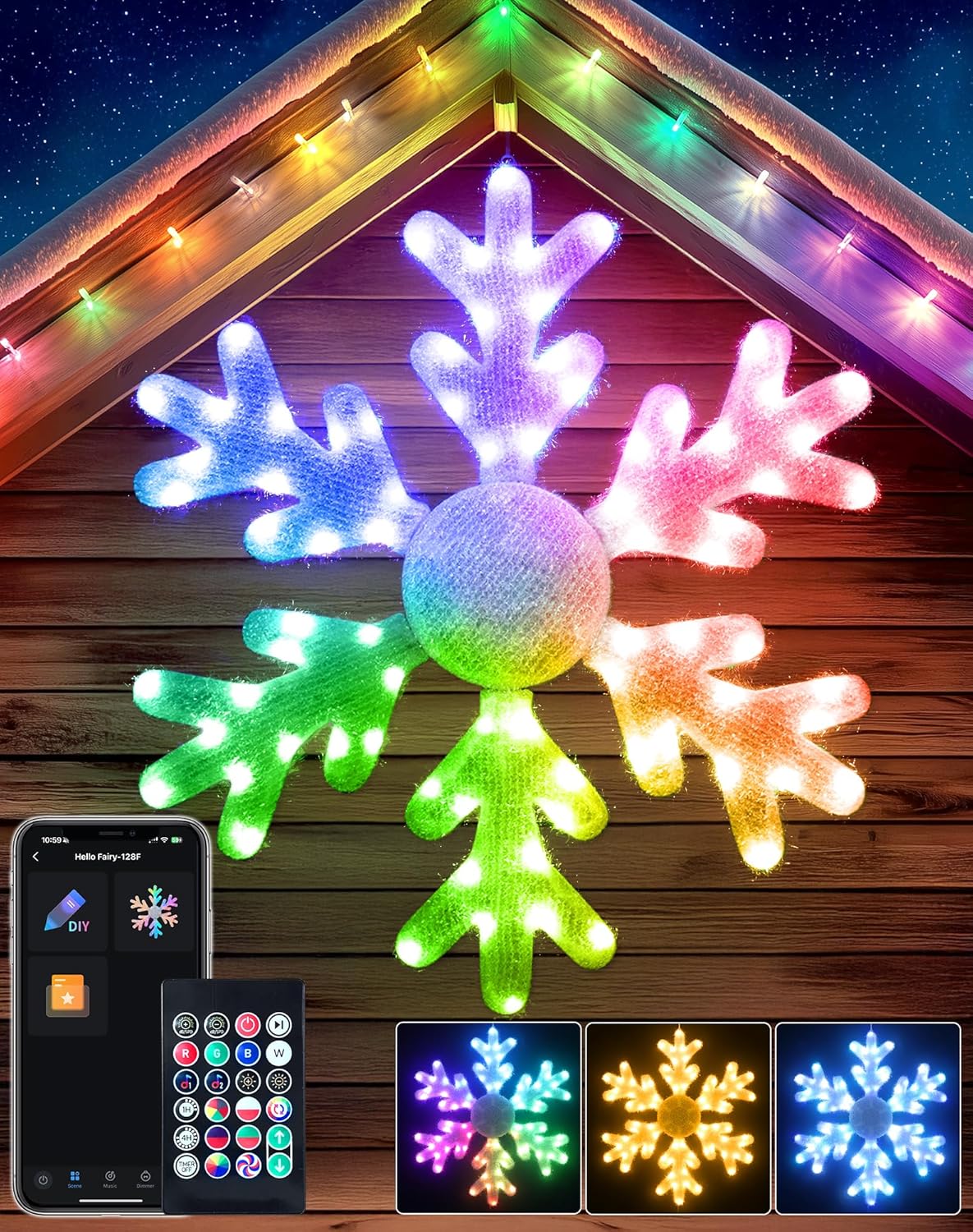 32″ Smart LED Snowflake Christmas Lights Outdoor, DIY Color Changing Big Folding Plug in Window Hanging Lights Music Sync Chasing Effect App Control, Prelit Giant Snowflake Decorations for Wall Xmas