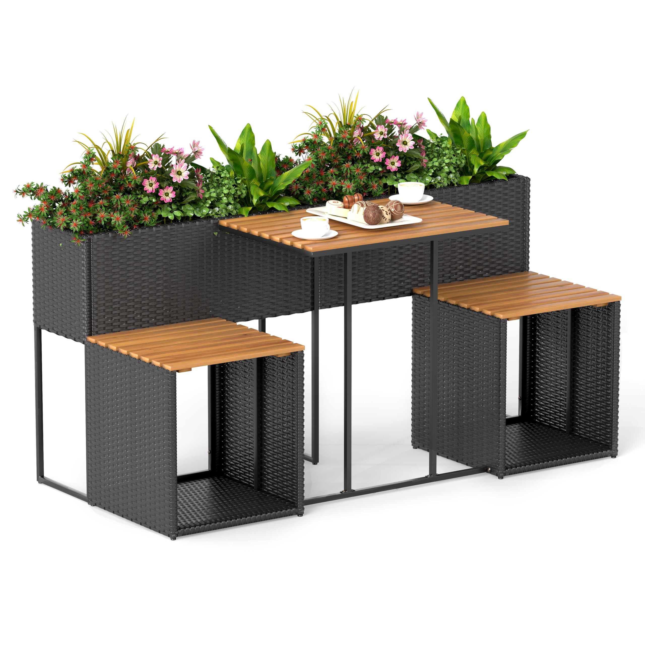 COSTWAY Gartenmöbel Set mit Hochbeet (Schwarz) | Kräuterbeet mit integrierten Stühlen, Balkonset, Balkonmöbel, Sitzgarnitur, Sitzgruppe für Garten, Balkon, Terrasse