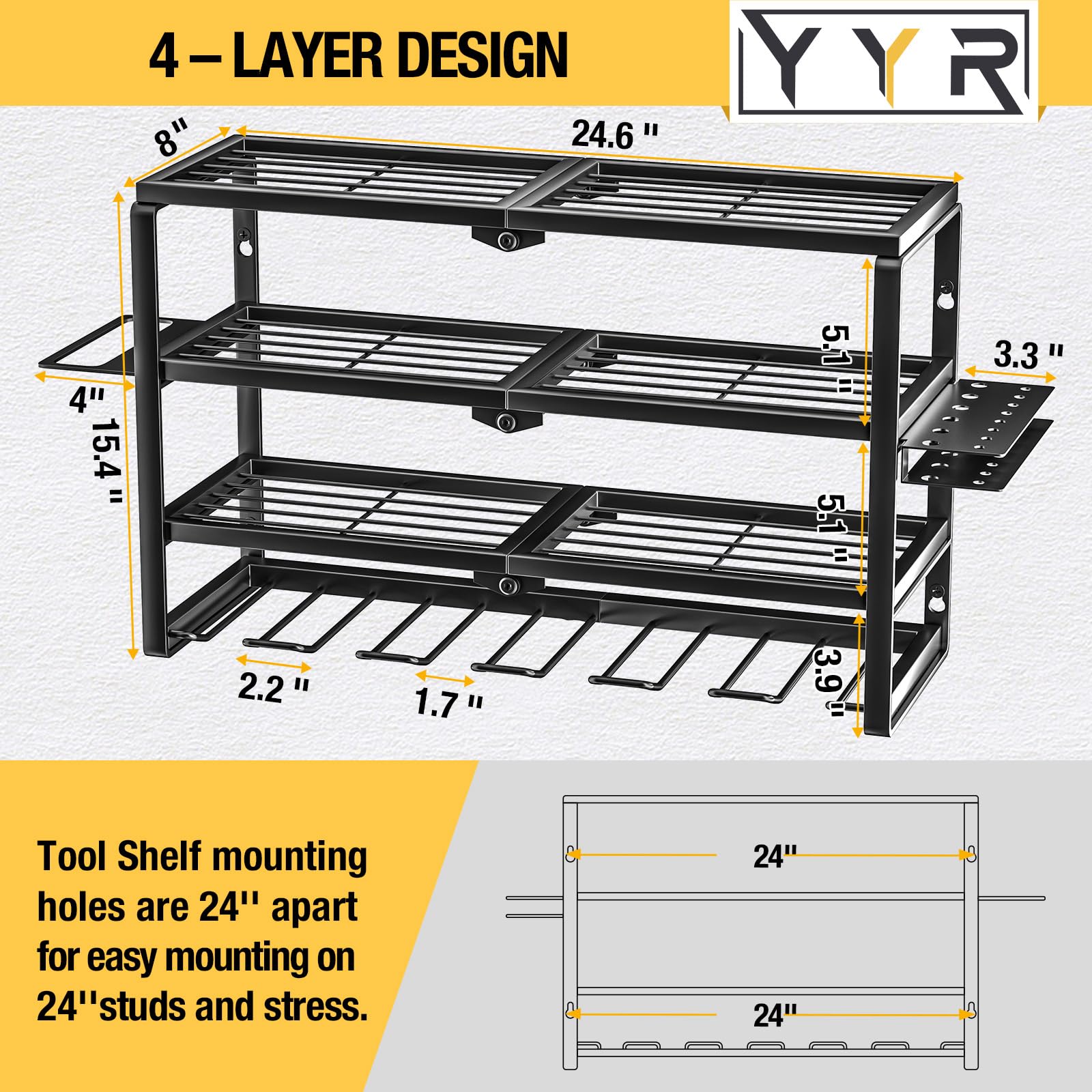 YYR Organizador de Herramientas eléctricas de 4 Capas, Soporte de Pared, Estante de Almacenamiento inalámbrico para taladros, Soporte de Herramientas de batería con Estante de estación de Carga para