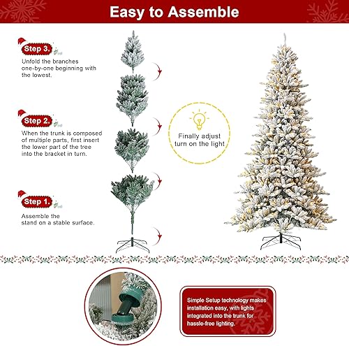 Miniatura 4 de Glitzhome Árbol de Navidad artificial de abeto nevado preiluminado de 9 pies con 650 luces blancas cálidas, árbol de Navidad grande con soporte de
