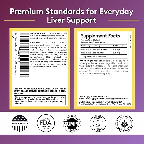 Miniatura 7 de Youth & Tonic Suplemento de limpieza de desintoxicación hepática, fórmula compleja de cardo mariano de silimarina para la salud corporal, reparación