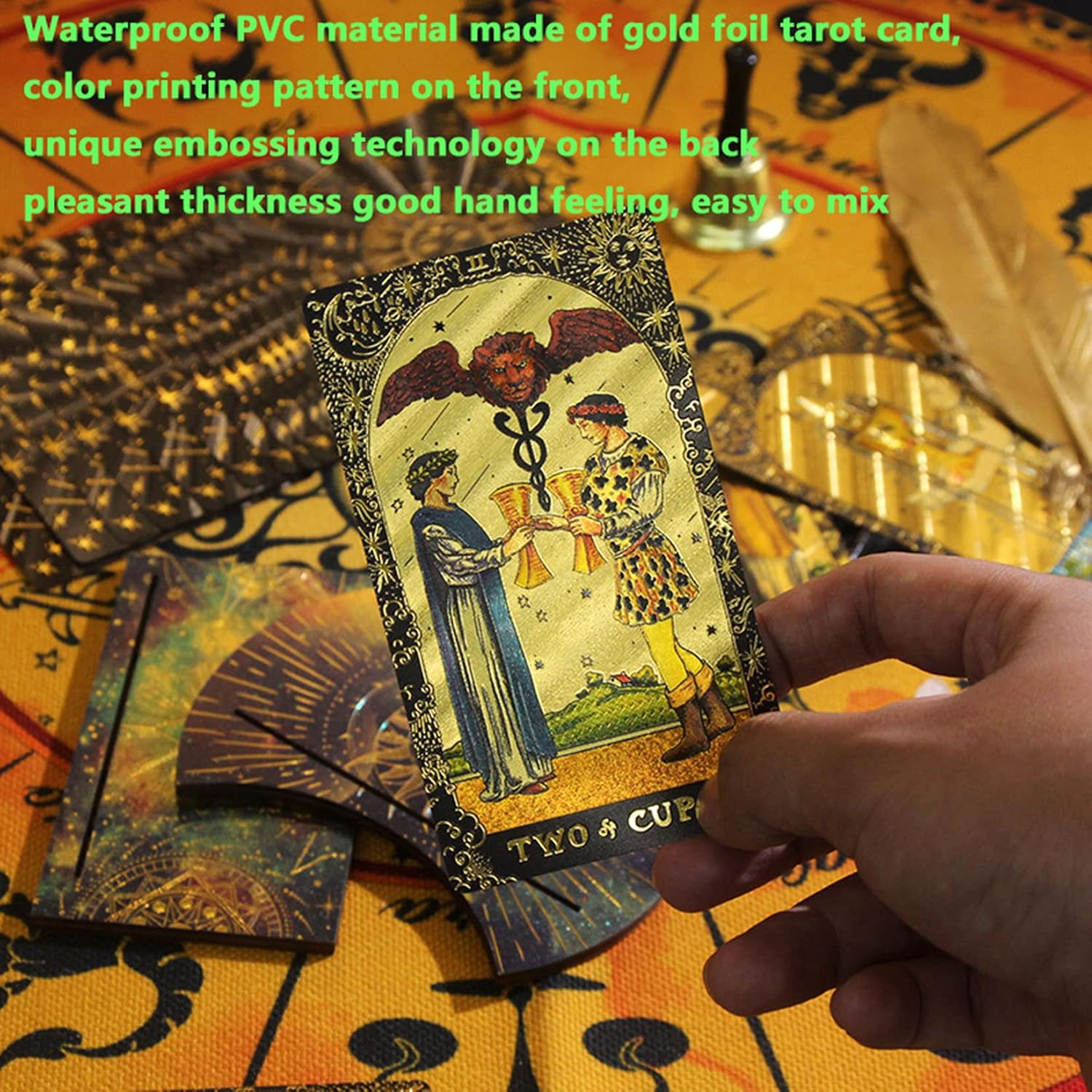 Tarot Deck with Wooden Stand, Rider Waite Tarot Cards Set Luxury Gold Foil PVC, Waterproof, Anti-Wrinkle with Guidebook Box for Beginners Experts,Gold