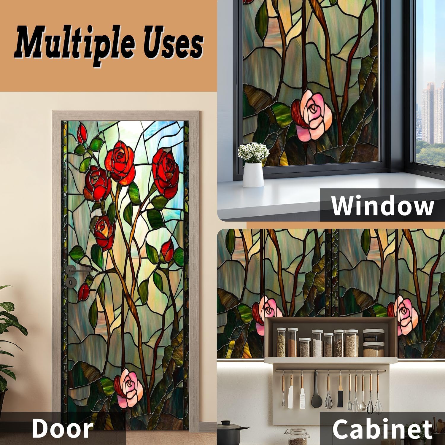 Self Adhesive Vinyl Refrigerator Wrap Floral Stained Glass Window Panel Red Roses Green Leaves Flowering Door Mural Sticker Peel and Stick Removable Door Cover Fridge Wrap Decal for Kitchen Decor