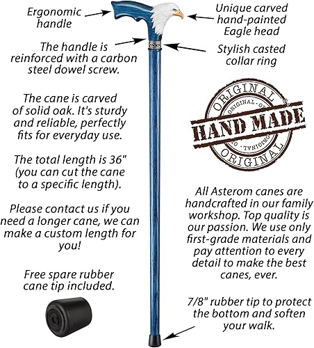 Miniatura 3 de Asterom Bastón de madera tallada pintada a mano para hombre, águila calva, bastón de madera único, elegante bastón