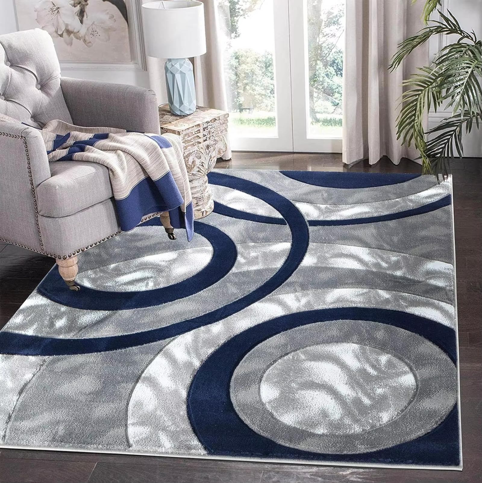 Alfombra azul marino con geometría de círculos de 40x60cm para dormitorio y pasillo