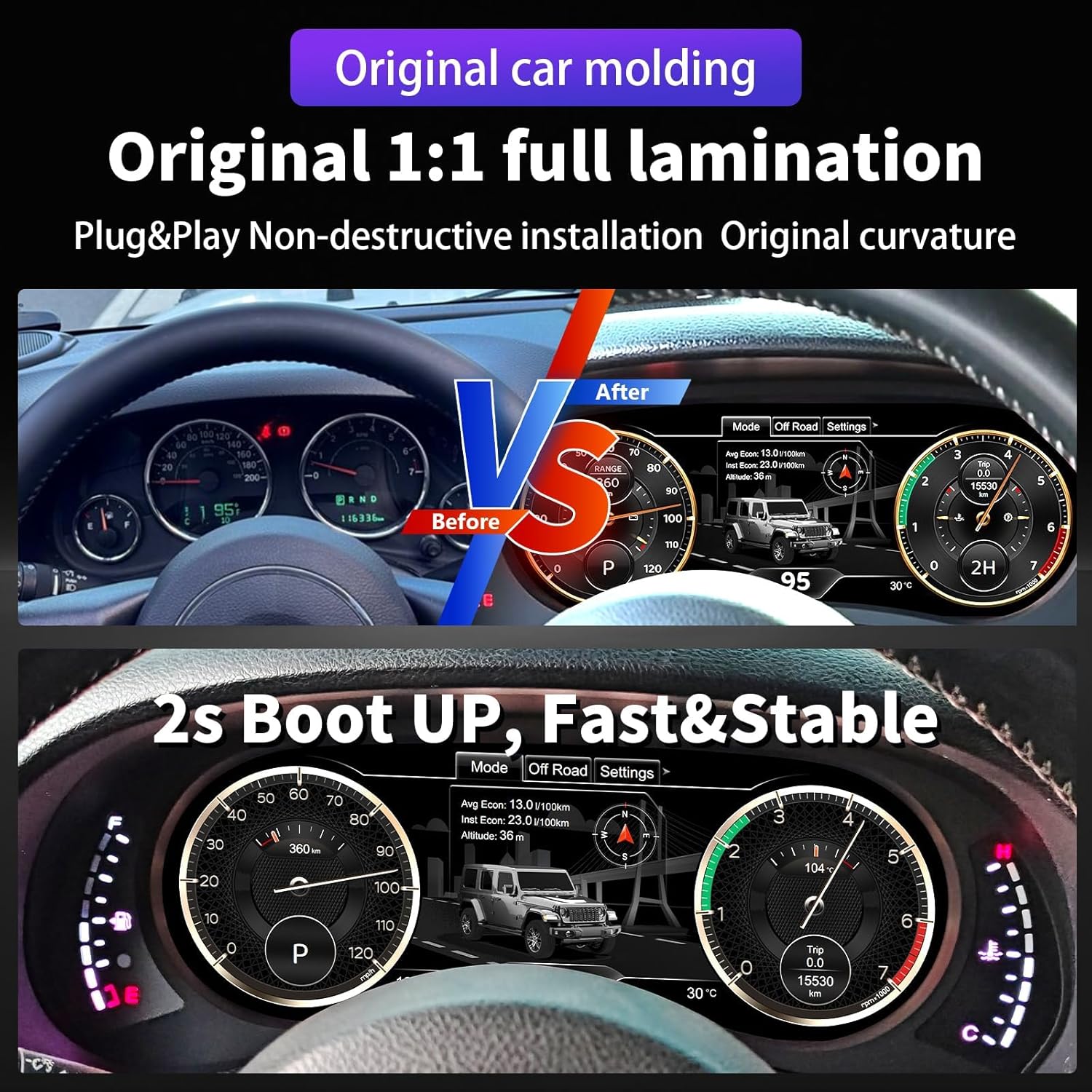 Digital Instrument Cluster Display for Jeep Wrangler JK 2011-2017 Speedometer Upgrade,12.3”HD screen1920*720,2S Fast Boot,Plug&Play,Non-Destructive Install,OTA Upgrade