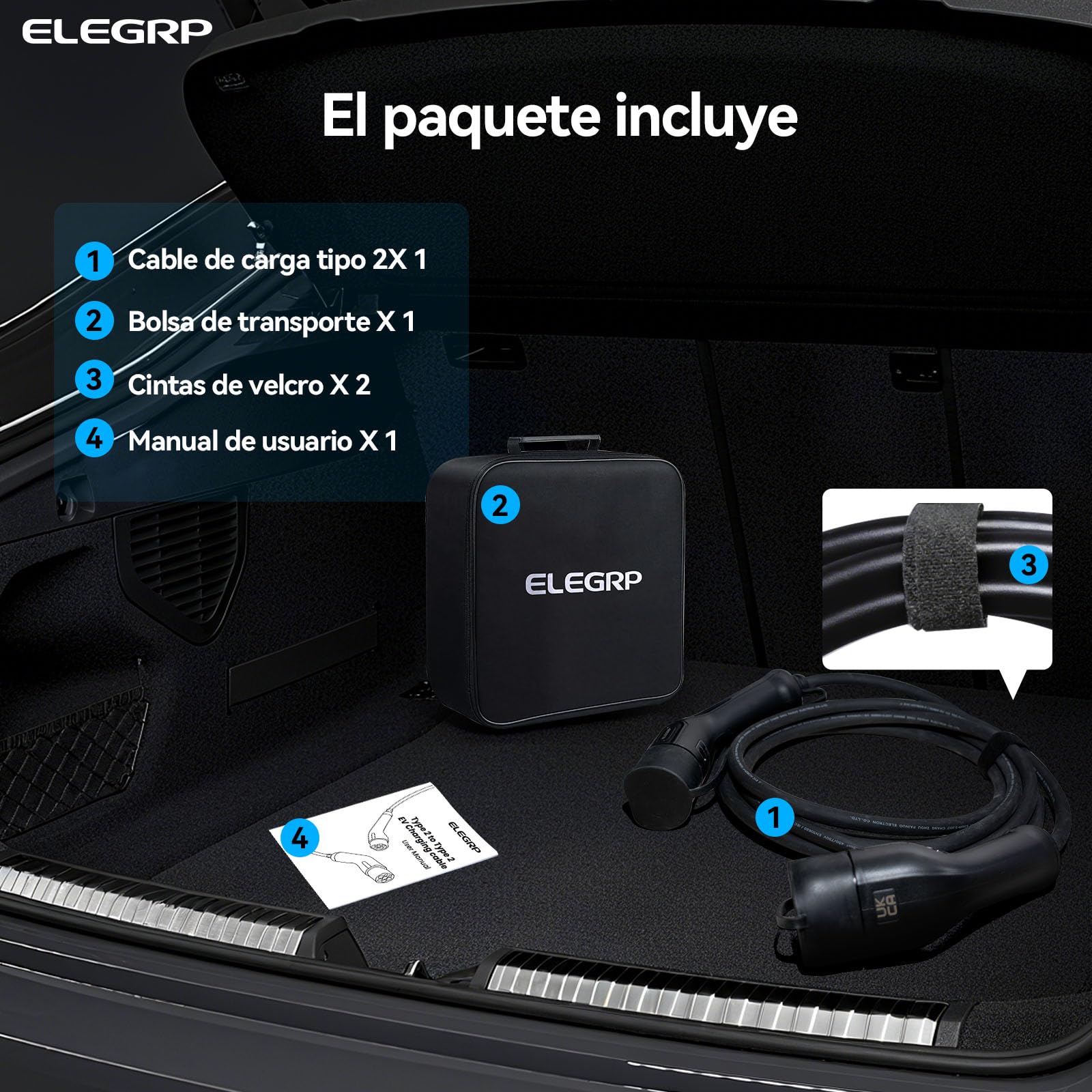 ELEGRP Cable de carga tipo 2, 22kW 5M 32A 3-Fásico, Cable de carga tipo 2 a tipo 2 modo 3 para coche eléctrico EV/PHEV con bolsa de transporte, Compatible con Model S/3/X/Y, VW ID.3 ID.4 e-Golf y