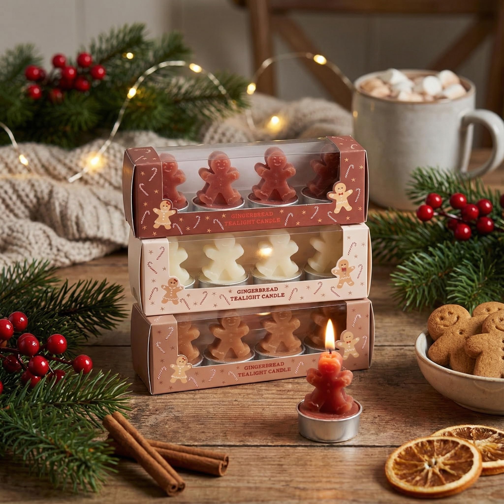 MIJOMA Zestaw świeczek typu tealight – 12 sztuk w zestawie upominkowym – świece dekoracyjne w kształcie piernika – dekoracja bożonarodzeniowa, adwent, dekoracja stołu, pomysł na prezent