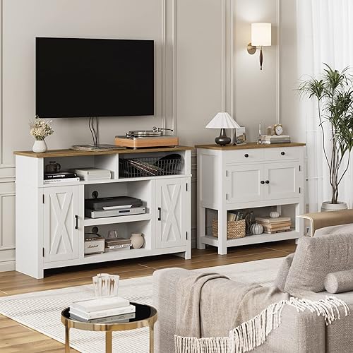 Miniatura 8 de HOSTACK Mesa consola de granja con armario de 2 puertas y 2 cajones, barra de café, mesa de entrada con estante de almacenamiento, mesas de sofá,