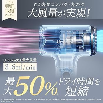 Amazon | UR.SALON ドライヤー 大風量 速乾 マイナスイオン 【超軽量