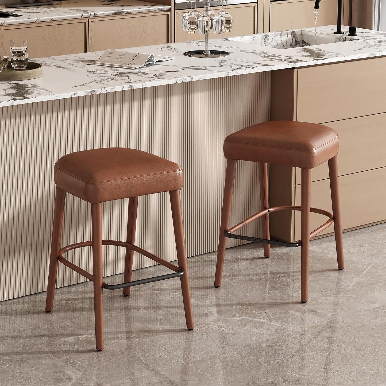 Backless Bar Stools Set of 2, 27" Counter Height Saddle Bar Stools with Thick Padded Seat, Upholstered Kitchen Island Stools with Footrest and Metal Frame for Kitchen Counter, Dining Area, Brown