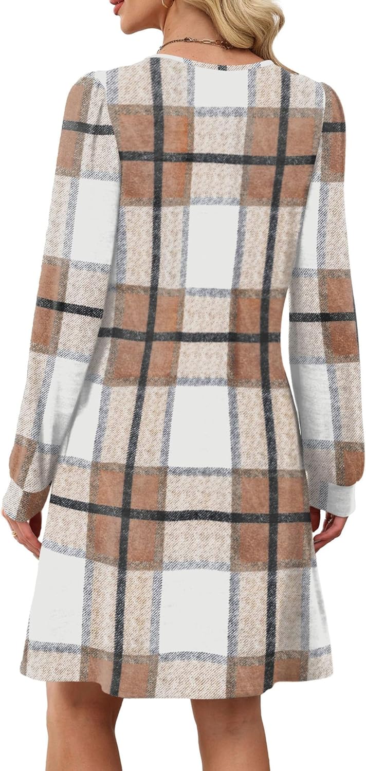 OFEEFAN Long Sleeve Dress for Women Pleated Crew Neck Casual Babydoll Sweater Dress with Pockets Fall Outfits Fashion - Image 5