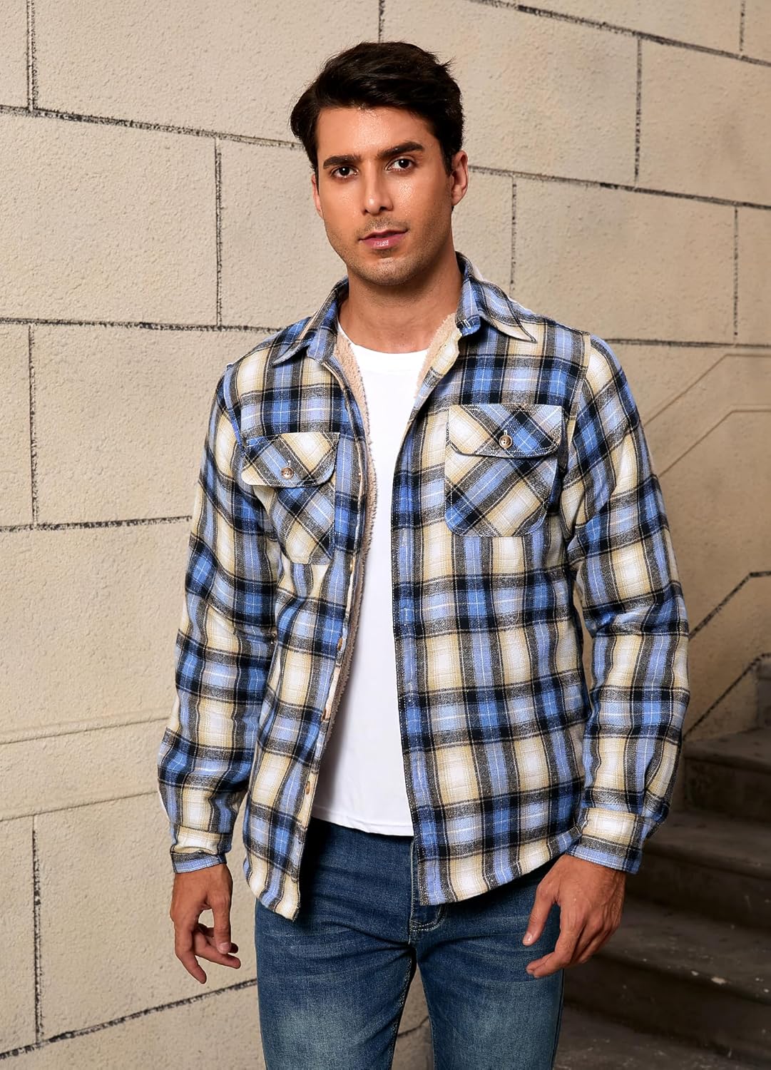 Men's Sherpa Lined Cotton Flannel Shirt Jacket Button Down Long Sleeve Fleece Jacket for Men