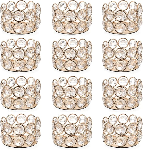 BSTKEY Set of 12 Crystal Tea Light Candle Holders, Decorative Votive Candle Holders Candle Centerpieces for Table Wedding Party Home Decor, Gold