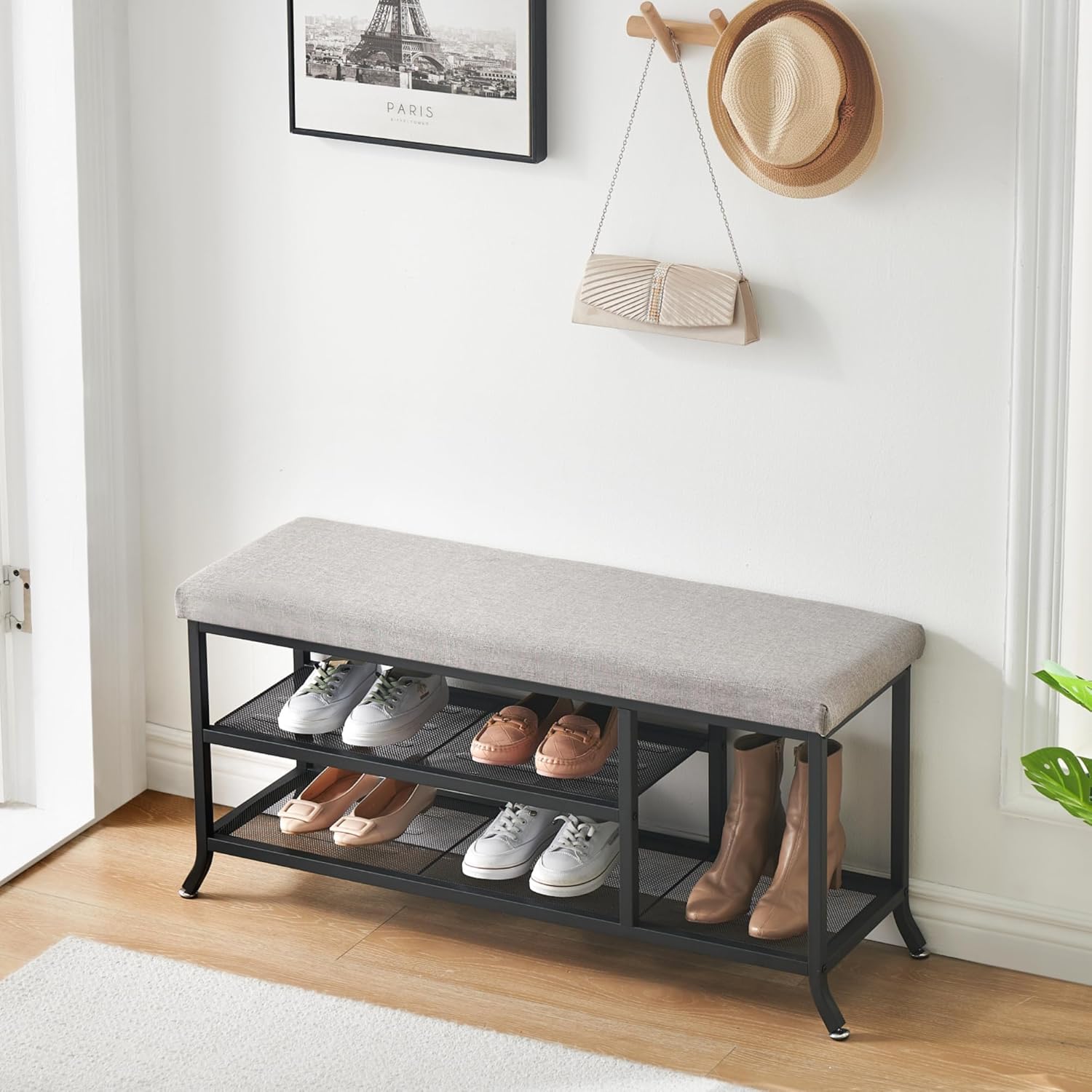 GAOMON Shoe Storage Bench for Entryway, Storage Organizer with Cushion Seat, Metal Frame, Shoe Bench with 2-Tier Adjustable Shelf for Hallway, Bedroom, Living Room