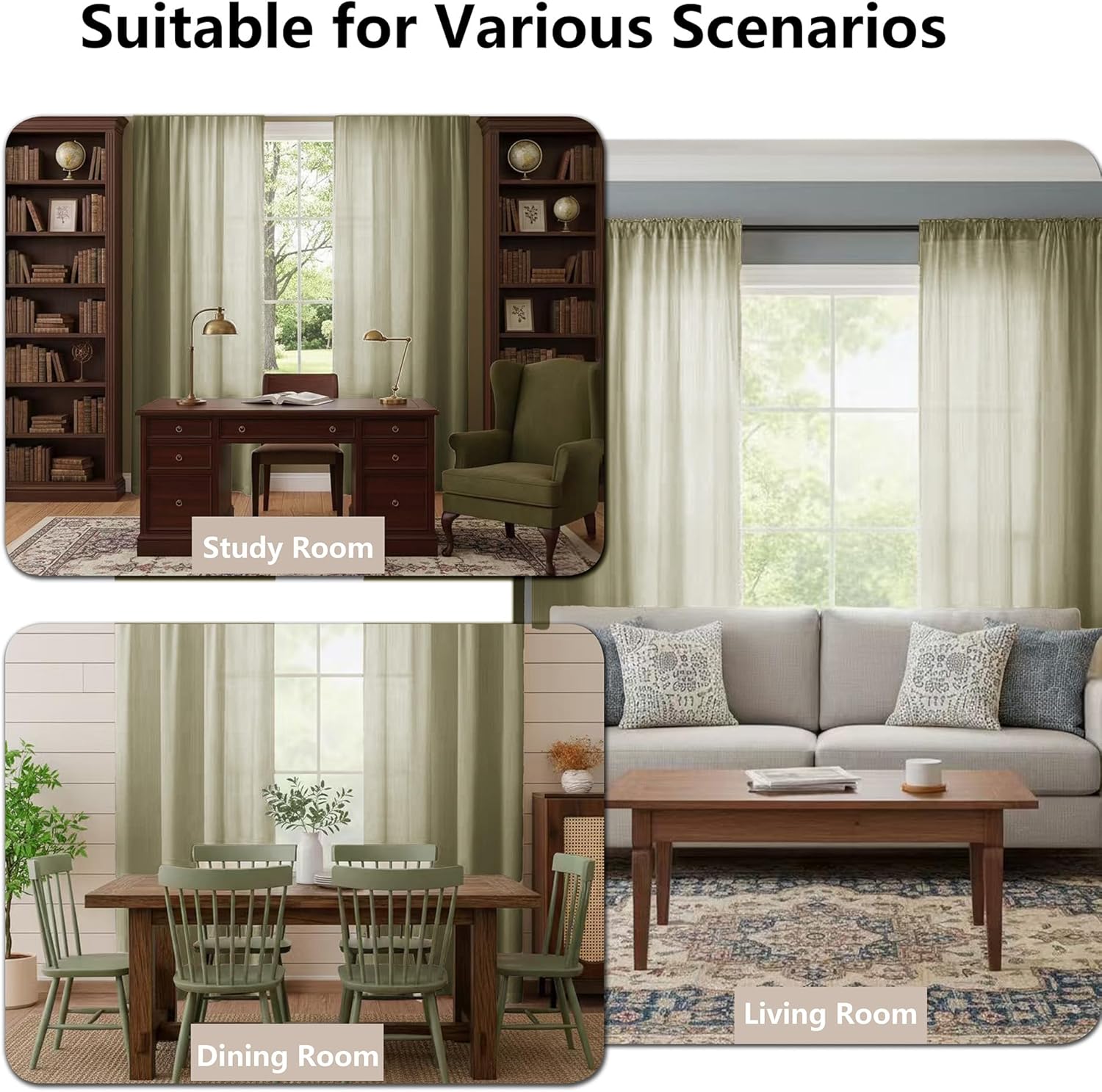 Linen Curtains for Living Room, Linen Blended Semi Sheer Light Filtering Curtain Rod Pocket Back Tab Privacy Drapes 96 Inches Long 2 Panels Set-Olive Green,54Wx96L