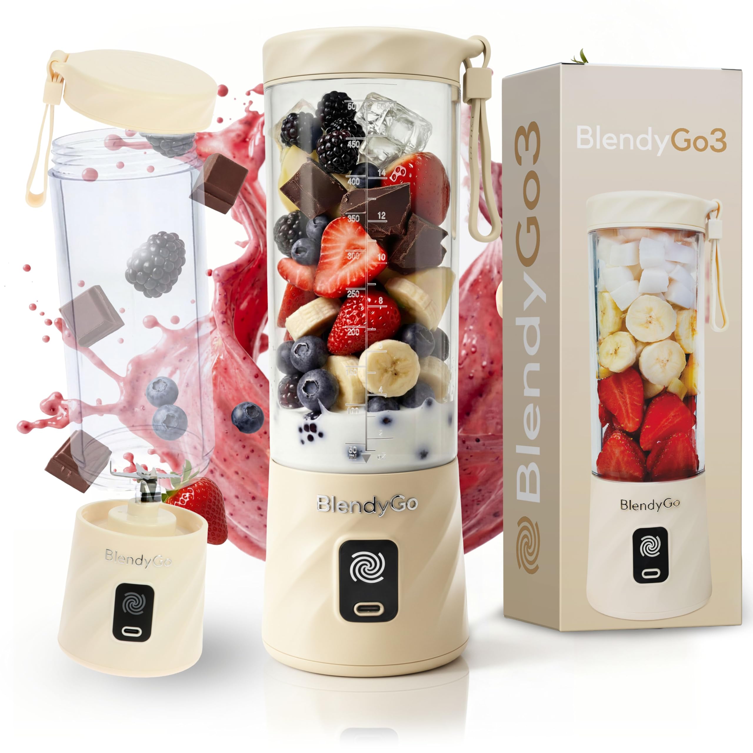 BlendyGo 3 Tragbarer Mixer, Blender, Mini Standmixer, 550 ml, Smoothie maker, Mixer smoothie maker to go, kabellos, zerkleinert Eis und Obst, BPA-freie, PulseMotion & BlendPro (Beige)