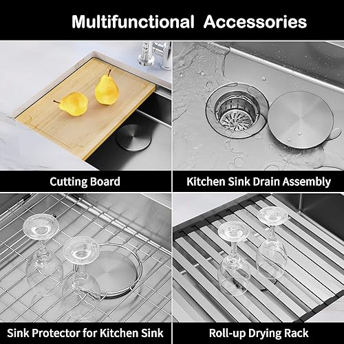 Miniatura 22 de Fregadero de cocina negro de 33 pulgadas, fregadero de acero inoxidable calibre 16, fregadero de estación de trabajo de un solo tazón con reborde