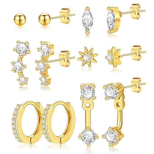 6 Pairs 14K Gold Plated Stud Earrings for Women, Hypoallergenic Cartilage Earrings for Multiple Piercing, Dainty Small Stackable Earrings Jewelry Set