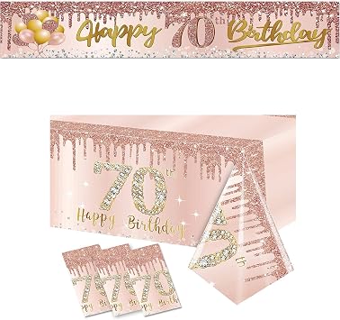 Excelloon 70th Birthday Party Supplies Set for Women - Pink Rose Gold Happy 70th Birthday Banner & 3 Pack Disposable Tablecloths, Perfect Outdoor/Indoor Decorations for Seventy Year Old Decor