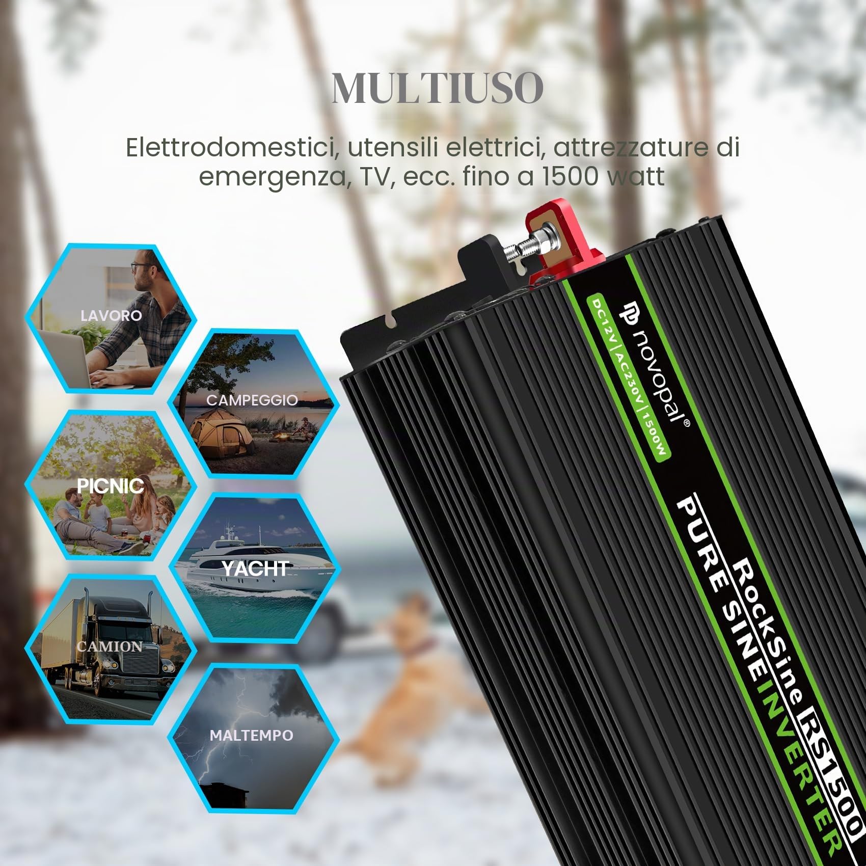 Novopal Inverter Onda Sinusoidale Pura 1500W DC 12V AC 220V 230V Convertitore di Tensione con Telecomando 5M