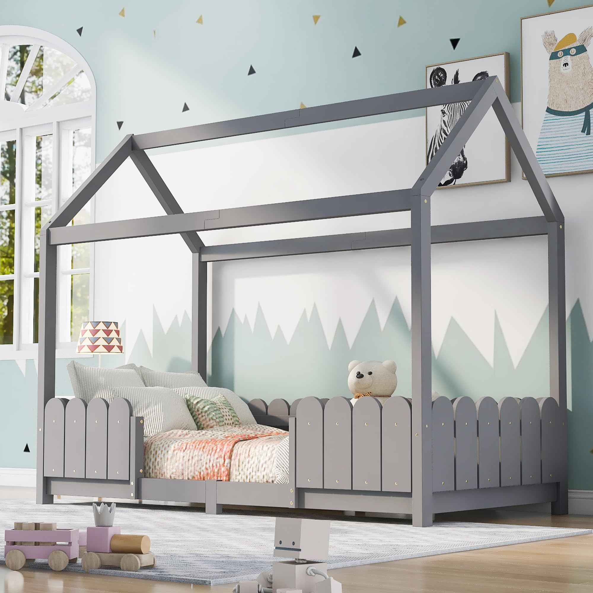 LINKHOO lit cabane bébé, en Bois Polyvalent, pour garçons et Filles, avec Protection Contre Les Chutes et sommier à Lattes(sans Matelas), 90x200 cm, Gris