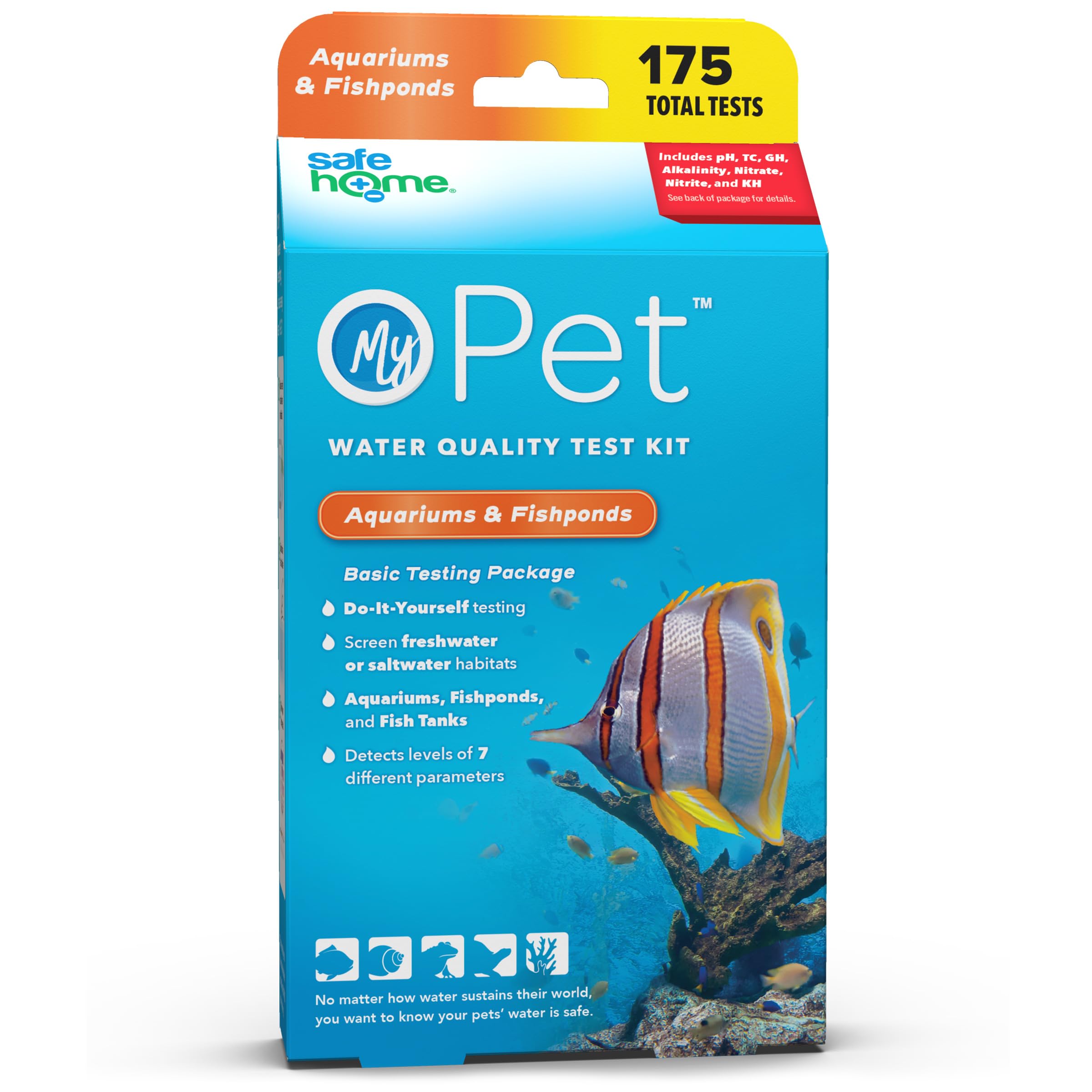 Safe Home My Pet 7-Way Aquariums & Fishponds Test Kit – 175 Total Tests/Kit – DIY Testing for Freshwater or Saltwater –Testing for pH, GH, KH, Alkalinity, Nitrate, Chlorine & Nitrite