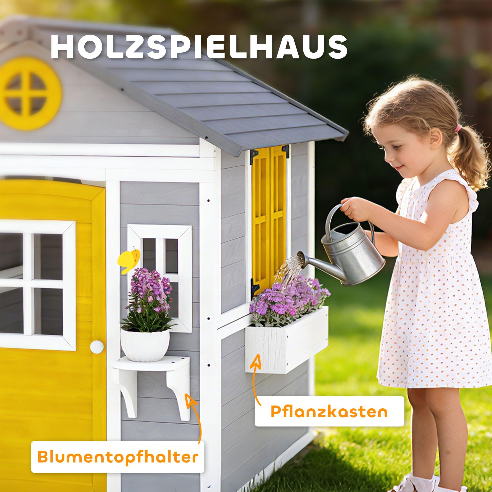 Outsunny Spielhaus Kinderspielhaus aus Holz mit Tür 6 Fenster 2 Blumenkästen Wetterfestes Gartenhaus für Kinder 3-8 Jahre Grau