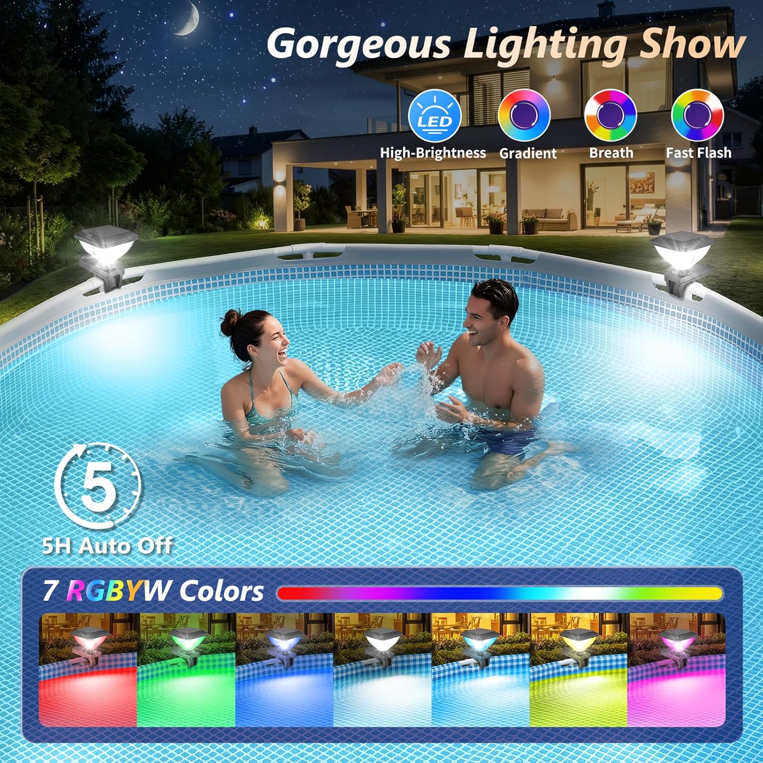 Solar Pool Lights for Frame Above Ground Pools, 7-Color 4-Mode LED Pool Lights, High Brightness Above Ground Pool Lights 5H Auto Off, IP68 Waterproof Pool Light Outdoor Decoration (1PCS)