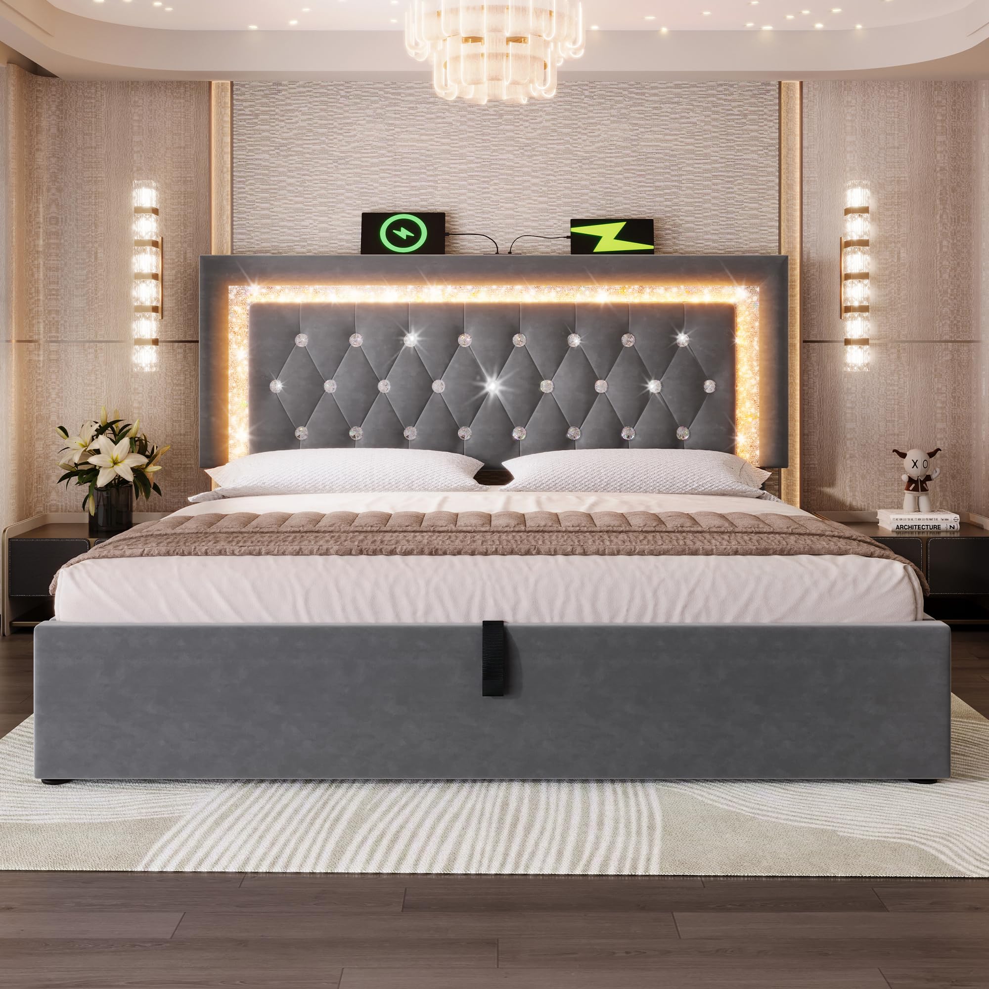 Łóżko tapicerowane 180 x 200 cm, aksamitne łóżko podwójne z paskami diamentowymi LED, stacja ładująca USB & Type-C, hydrauliczne łóżko do przechowywania, nowoczesne łóżko młodzieżowe ze