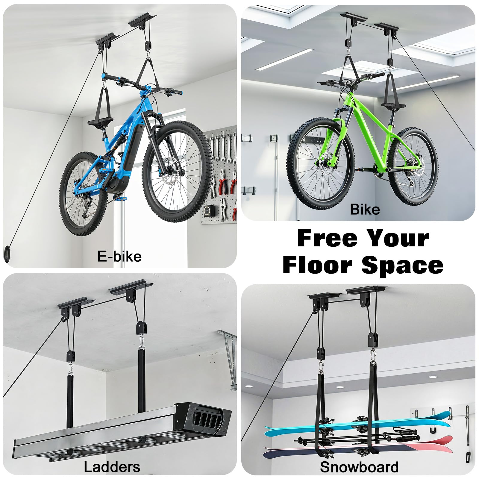 Housolution Elevador Bicicletas, [2 Unidad] Sistema Polea 88Lbs, Apto Techos 10-16 Pies, Sistema Almacenaje Techo Resistente para Bici Carretera, MTB, Fatbike, Ebike, Escaleras, Snowboard