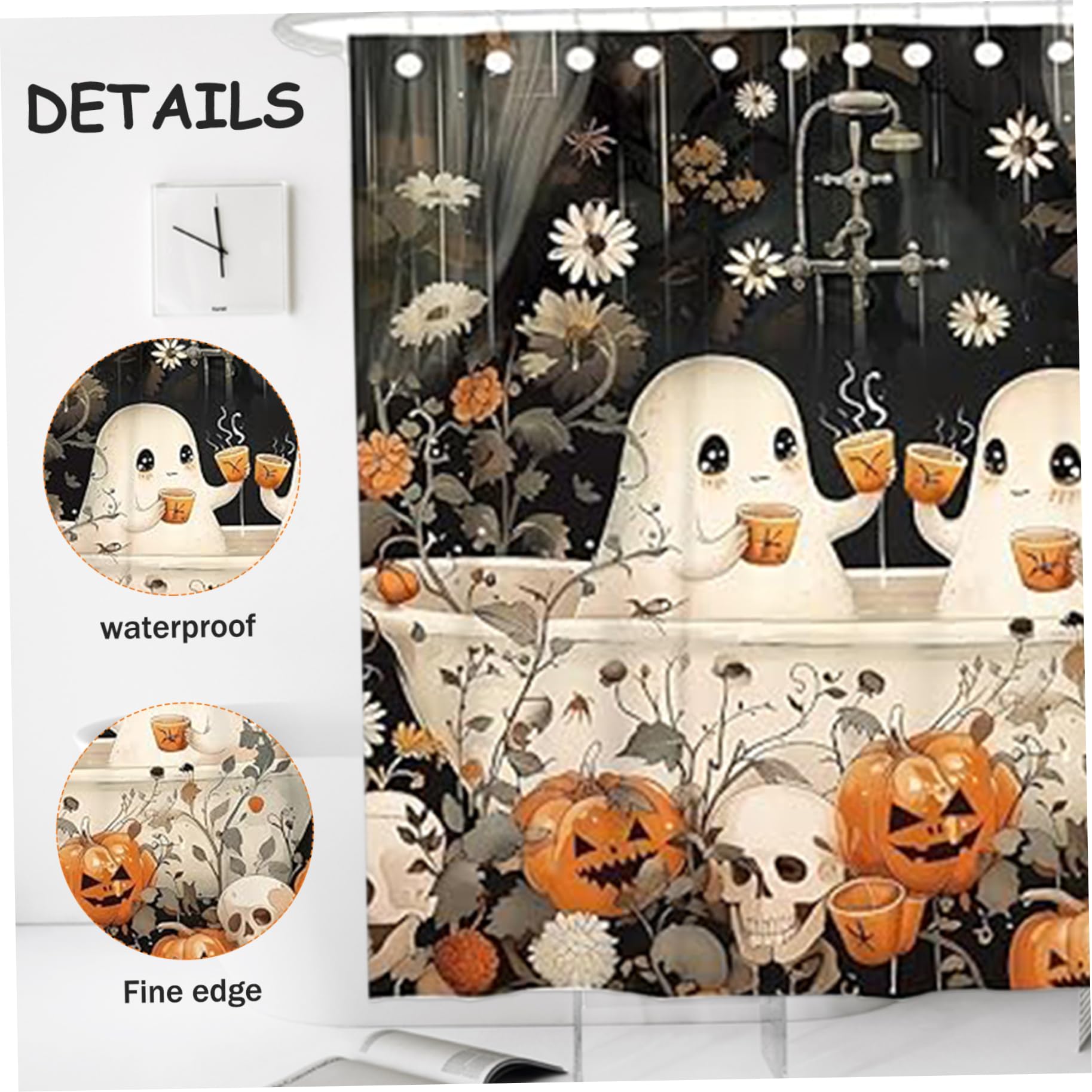 Ensemble de Rideaux de Douche d'halloween 4 PCS Ensemble Salle Bain Halloween imperméable avec Motifs effrayants Rideau Douche, Couvercle Toilette, Tapis Bain et Tapis en Forme U po