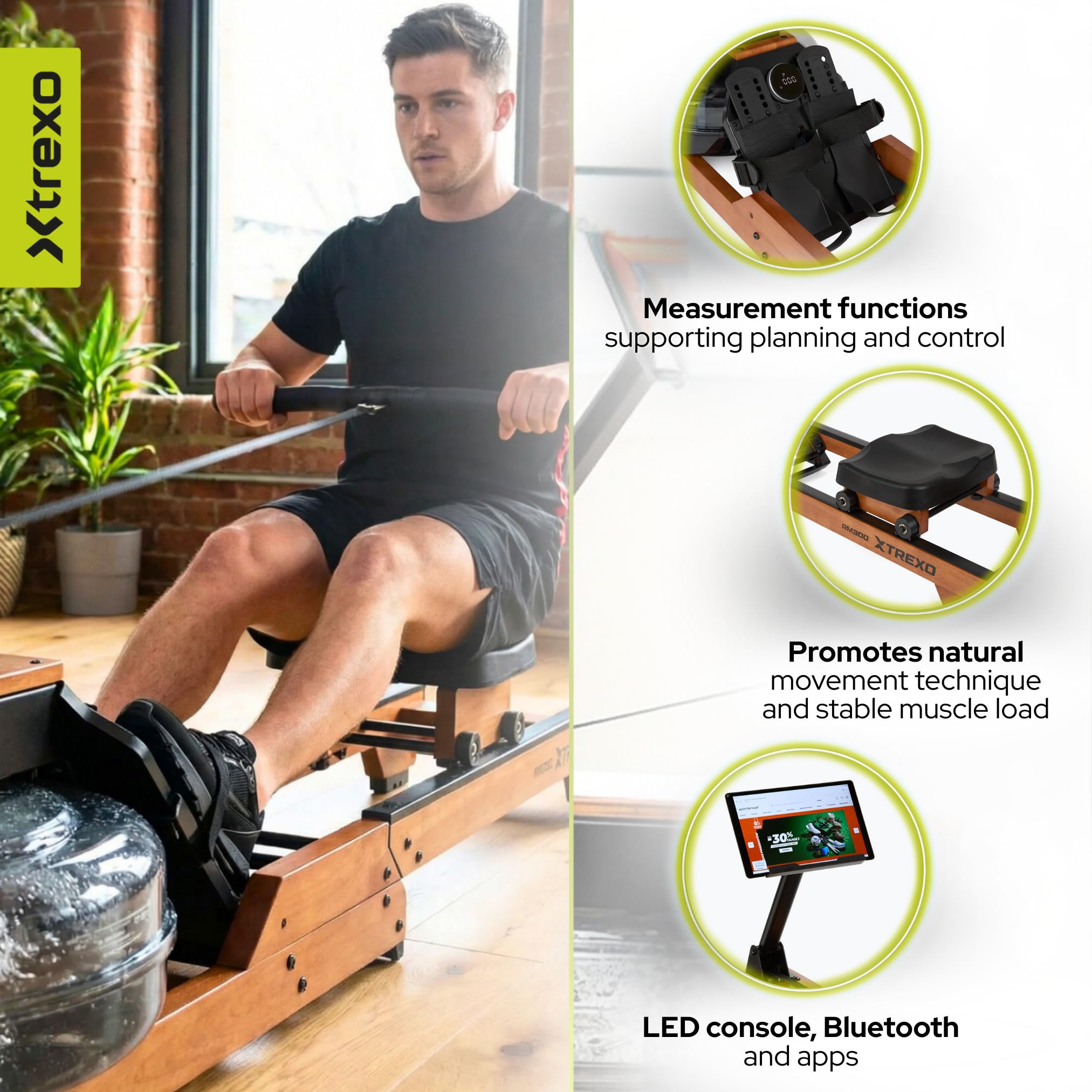 RM300 - Vogatore ad acqua in legno e acciaio, compatibile con Bluetooth e Kinomap – fino a 110 kg e 190 cm – per allenamento completo (tablet non incluso)