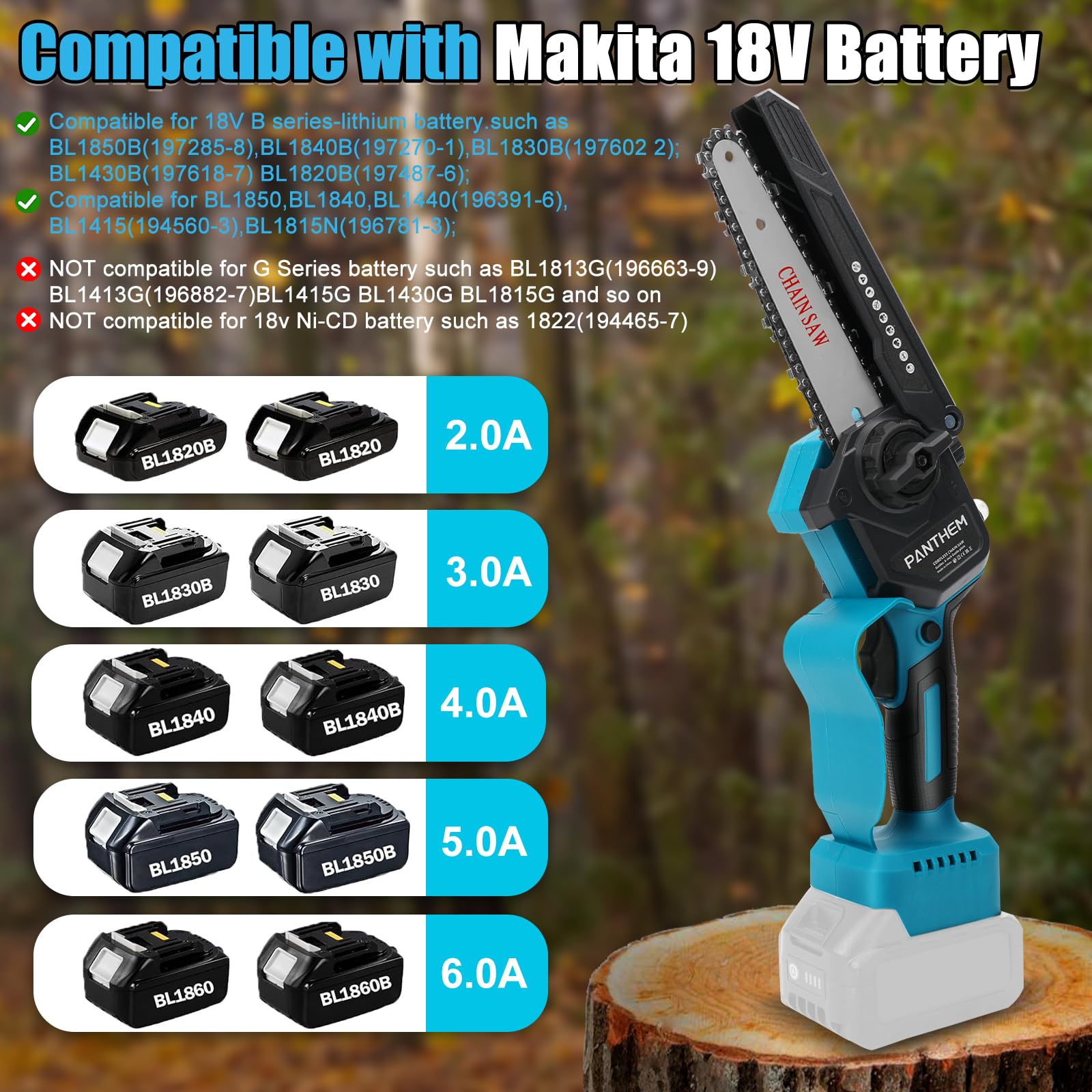 Mini-kettingzaag met accu, compatibel met Makita 18 V accu, 15,24 cm (6 inch) handkettingzaag met veiligheidsslot, elektrische kettingzaag voor het zagen van hout en voor het snoeien van bomen (zonder