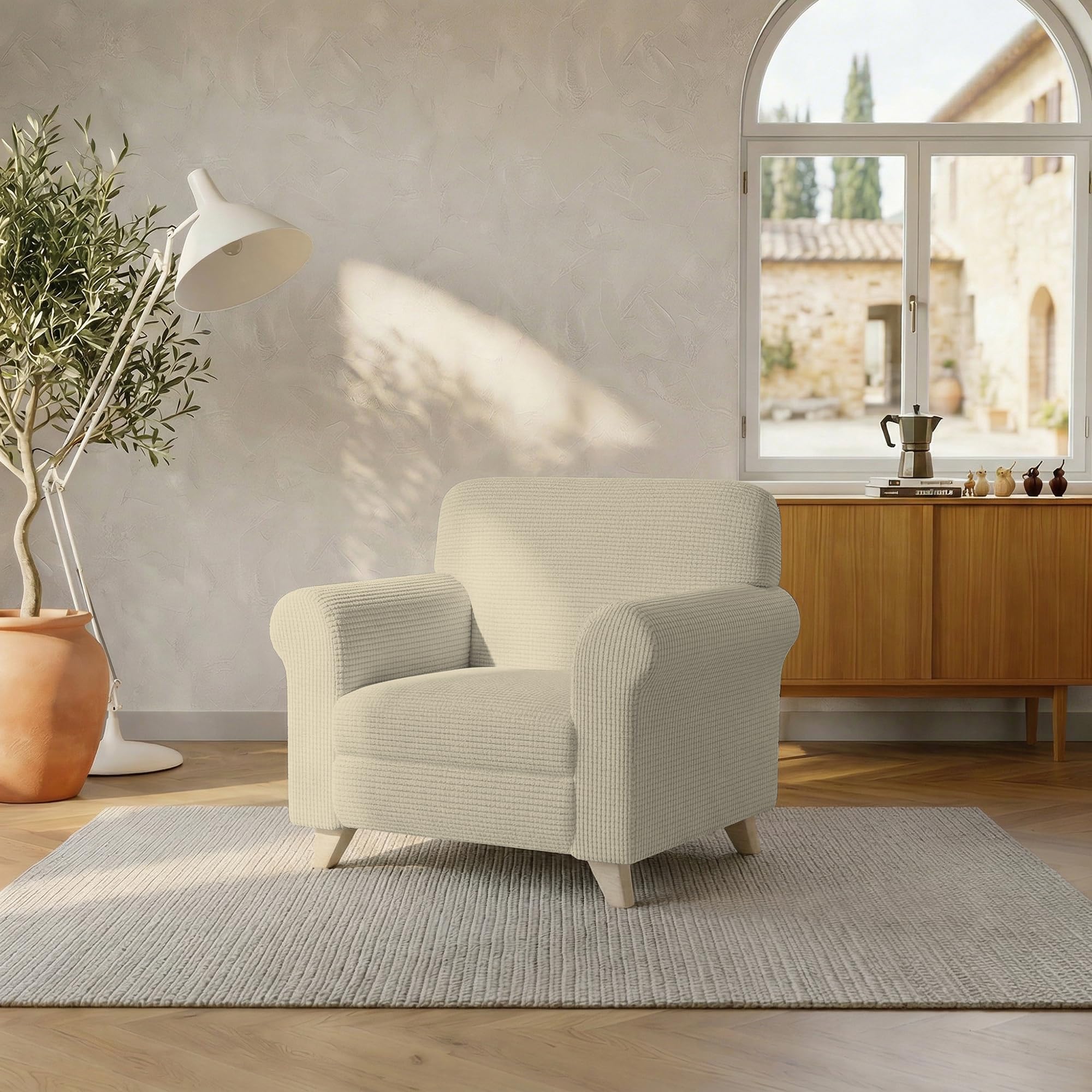 Italian Bed Linen LESLIE Elastic and Extendable Sofa Cover, Cream 1 Seater