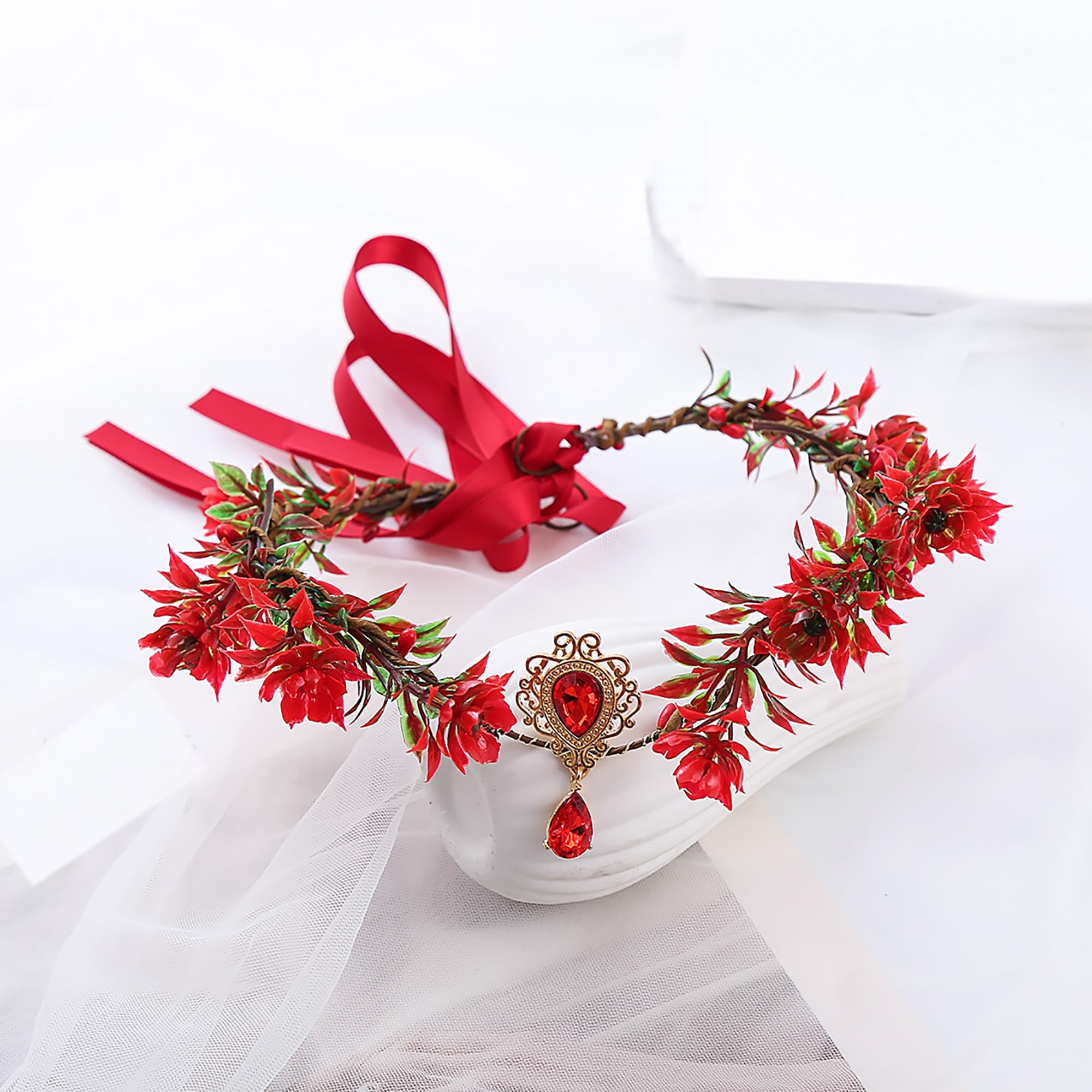 Brikuinr Flower Head Crown Floral Headband Wedding Hair Wreath Flower Halo Headpiece with Rhinestone Party Prom Cosplay - Image 3
