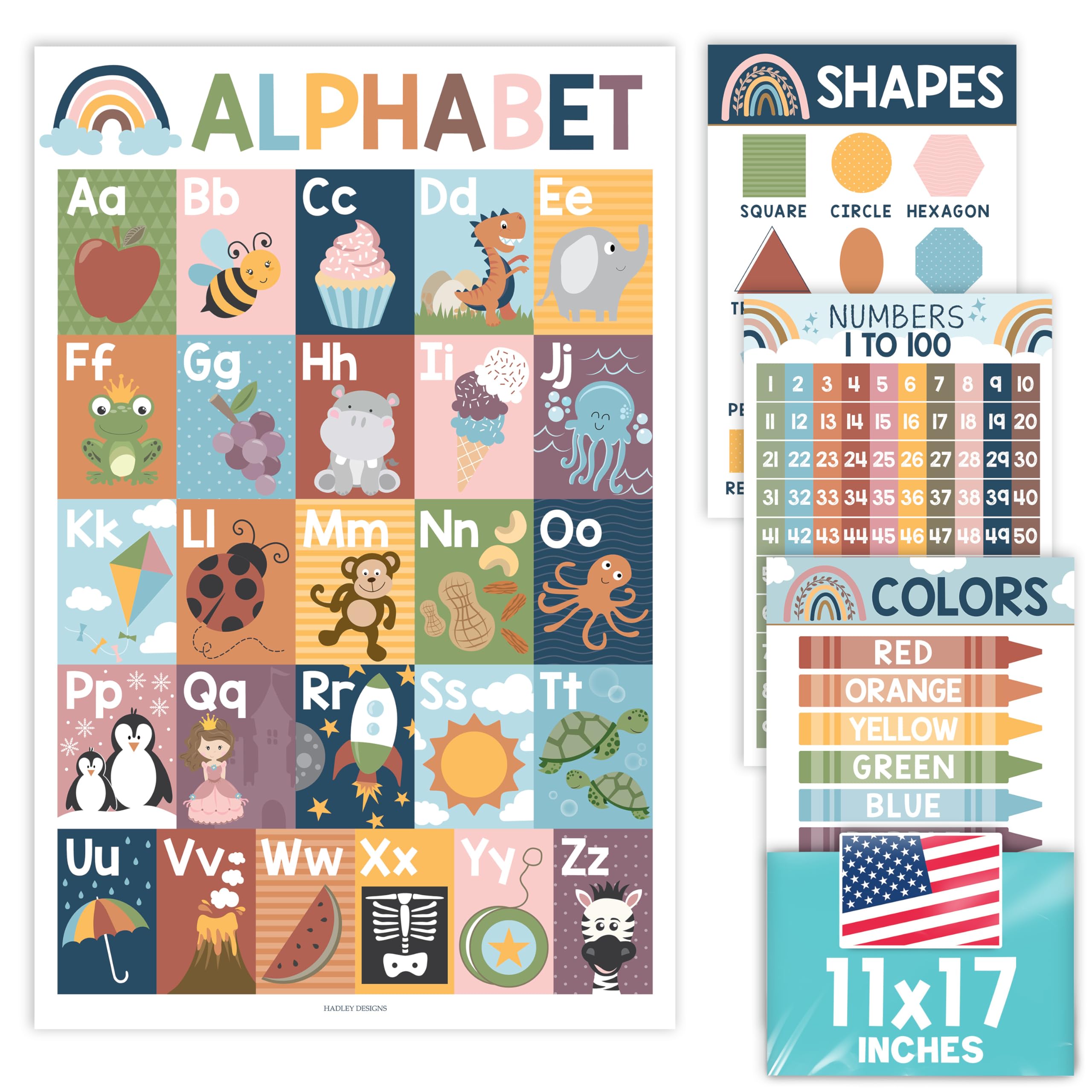 Hadley Designs ABC Posters For Classroom Wall - Shapes, 1-100 Number Chart, Color & Alphabet Learning Posters For Toddlers 1-3, PreK, Kindergarten & Homeschool, Laminated Boho Classroom Poster