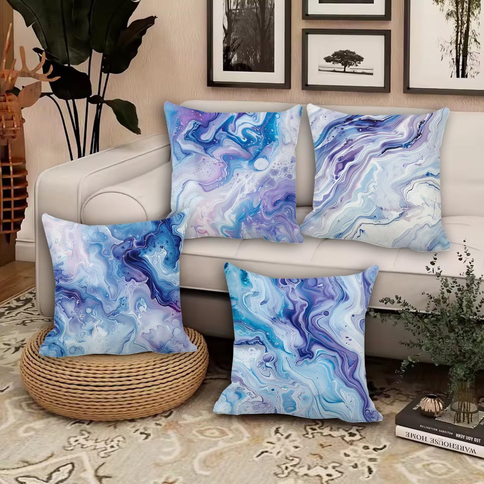 Juego de 4 cojines impermeables para exteriores, 28 x 28 pulgadas, fundas de almohada de mármol de doble cara para patio, jardín, sala de estar, decoración de verano, sofá y cama, PX-69