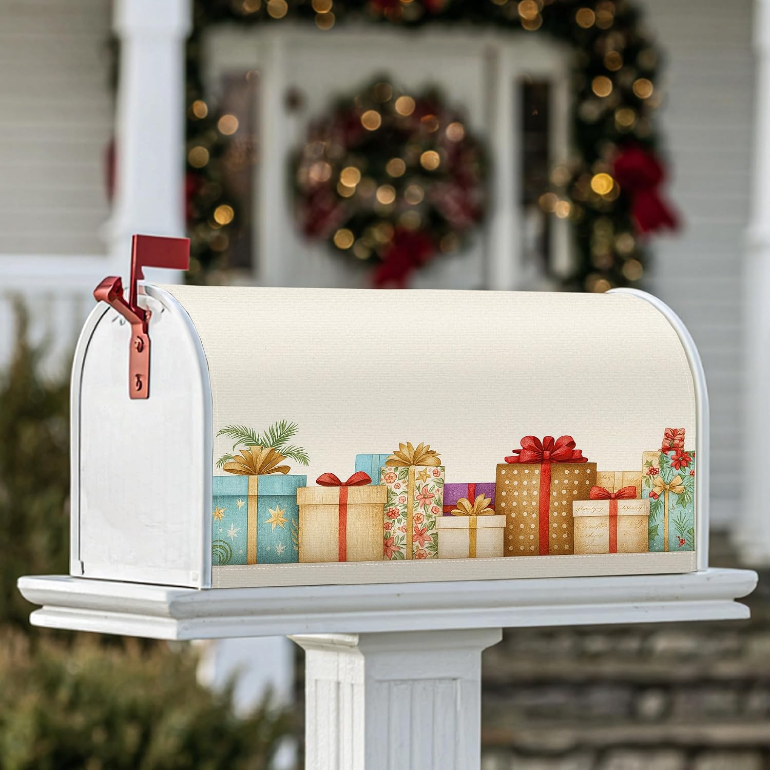 Gifts Magnetic Mailbox Covers, Christmas Festive Ribbons Bows Christmas Red Mailbox Post Protector for Outdoor Garden Decor 21x25.5 Inch