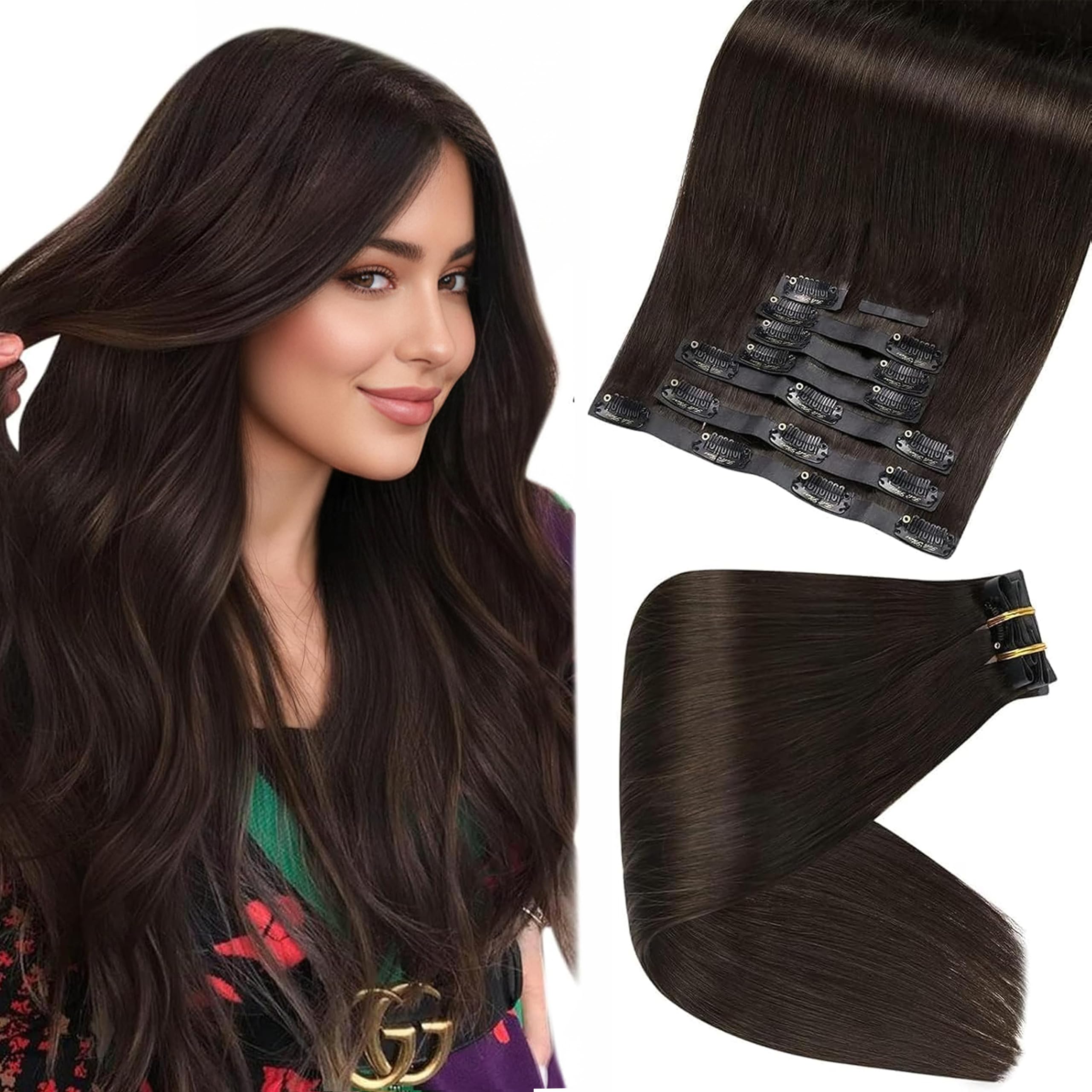 Full Shine Seamless Hair Extensions Clip in Dark Brown Clip in Hair Extensions Human Hair 18 Inch Invisible Clip ins PU Weft Remy Hair Add Volume 8 PCS 120 G