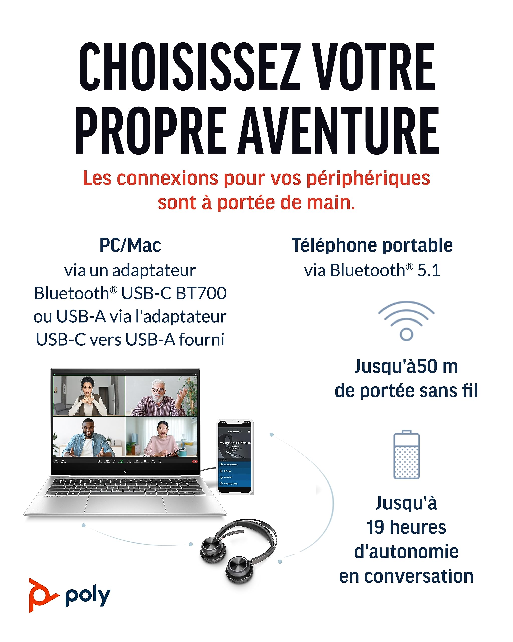Micro-casque sans fil Poly Voyager Focus 2 UC avec microphone (Plantronics) - Annulation active du bruit (ANC) - Connexion à un PC/Mac/Téléphone portable via Bluetooth - Fonctionne avec Teams, Zoom