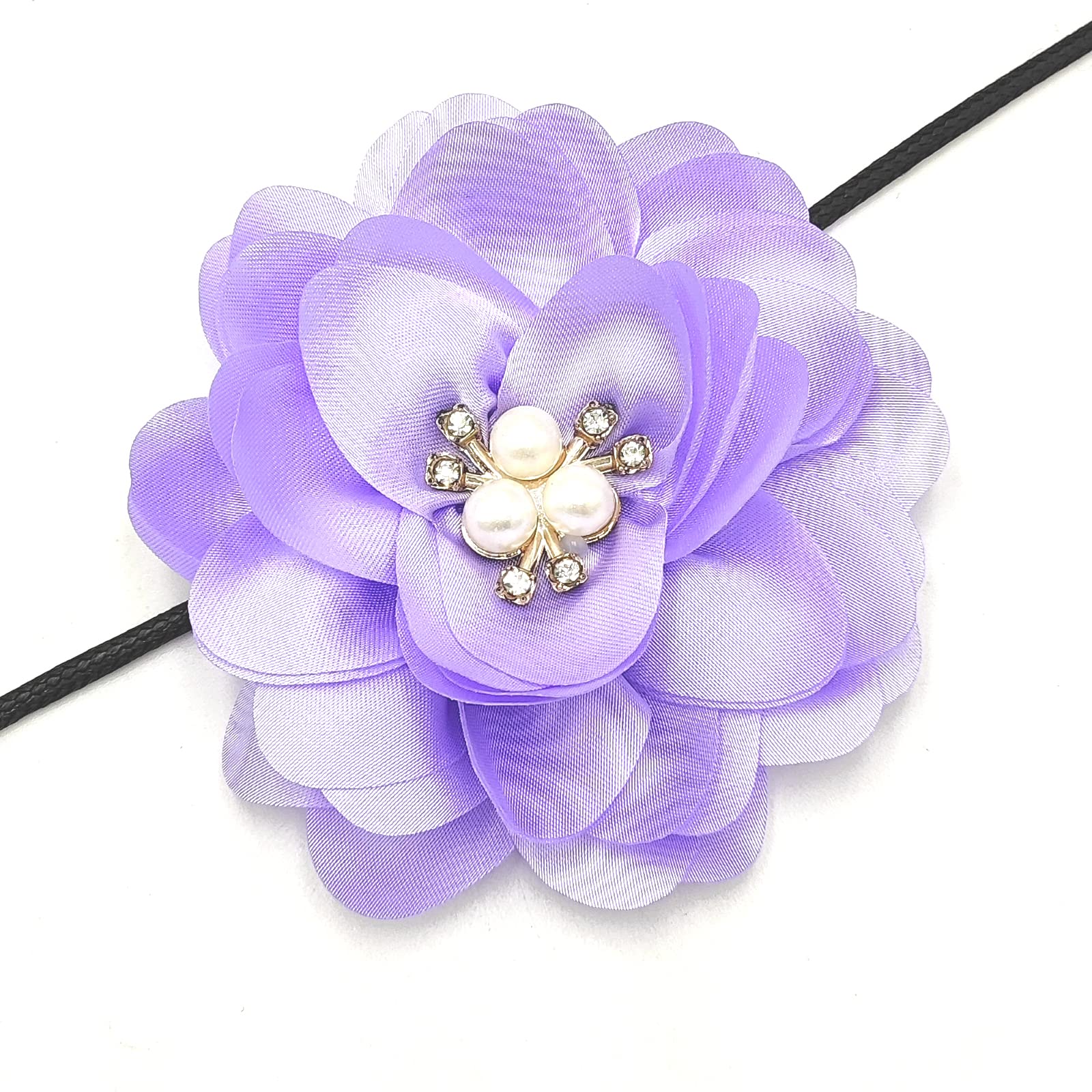 YOOGCORETT 5pcs Purple Chiffon Lace Fabric Flowers Flat Back Rhinestone Applique Bows for DIY Sewing Craft Party Decoration Hair Clips Accessories Supplies - 3.1